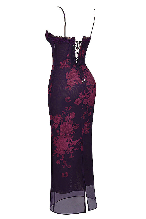 Floral Print Mesh Lace Trim Sweetheart Cami Bodycon Maxi Dress 16