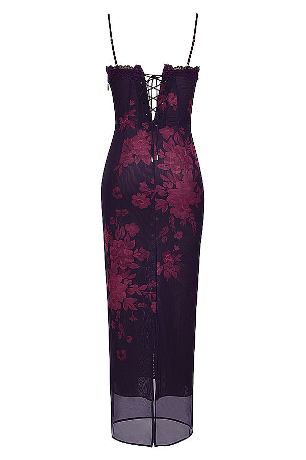 Floral Print Mesh Lace Trim Sweetheart Cami Bodycon Maxi Dress 17