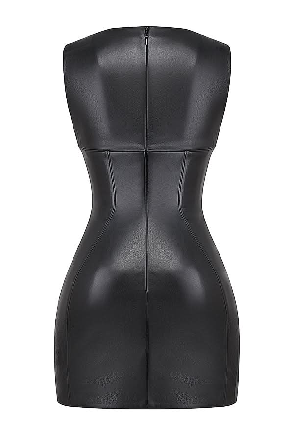 Faux Leather Boat Neck Sleeveless Seamed Bodycon Mini Dress 5