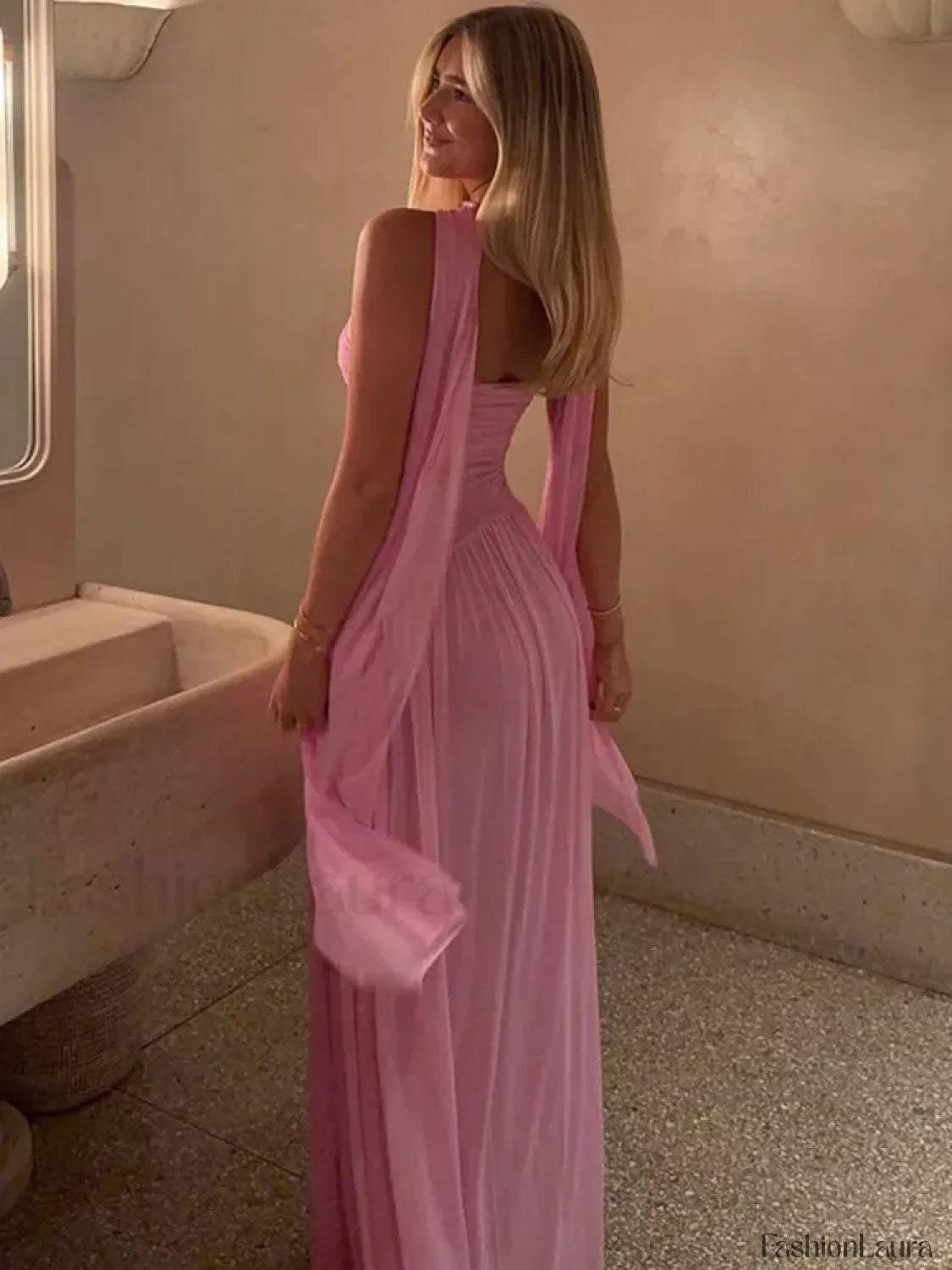 Scarf Collar Mesh Pink Maxi Dress