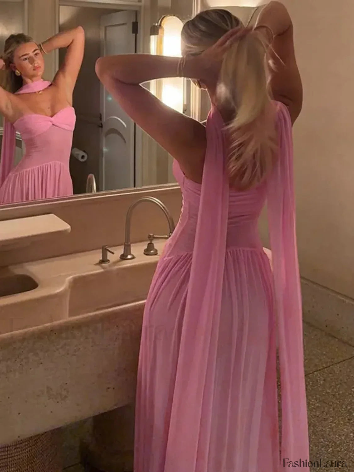 Scarf Collar Mesh Pink Maxi Dress