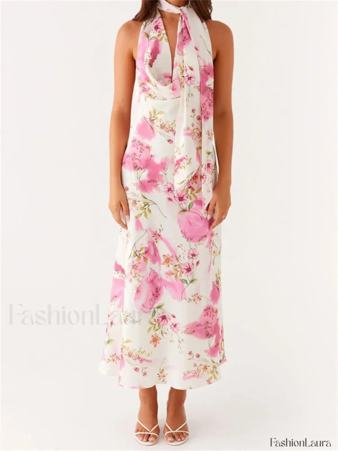 Scarf Halter Floral Maxi Dress