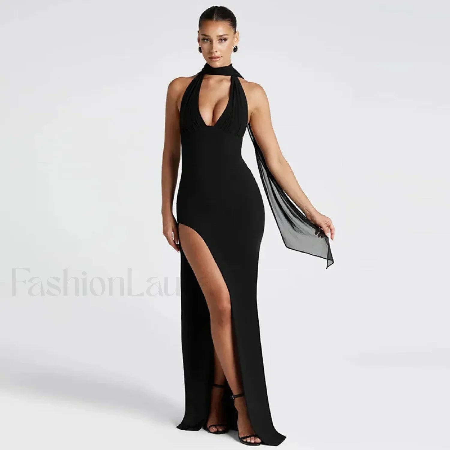 Scarf Split Deep V Maxi Dress Black / S
