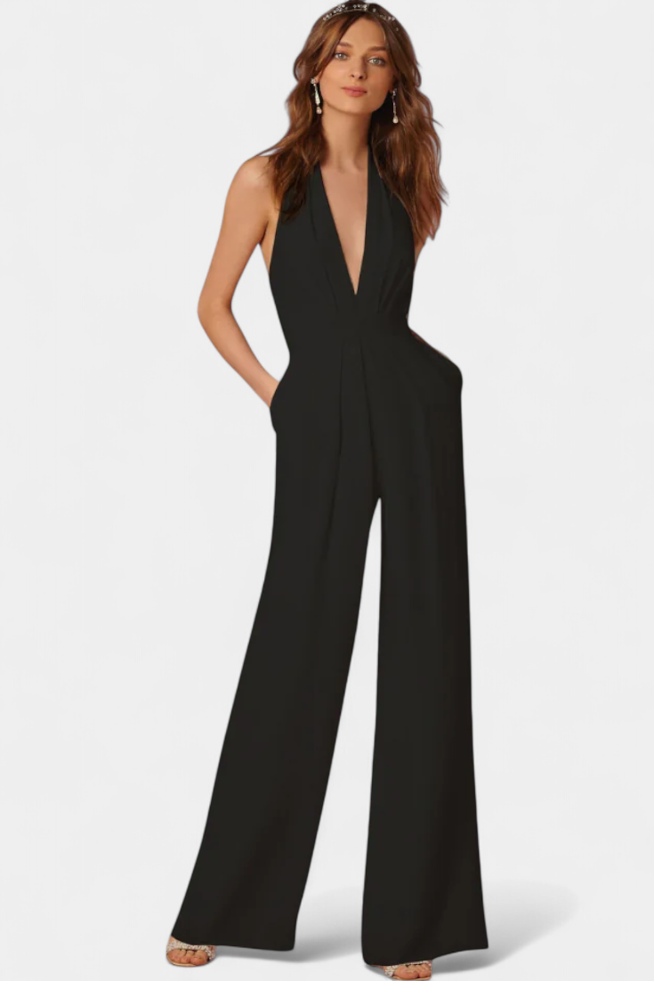 Deep V-Neck Halter Wide Leg Jumpsuit
