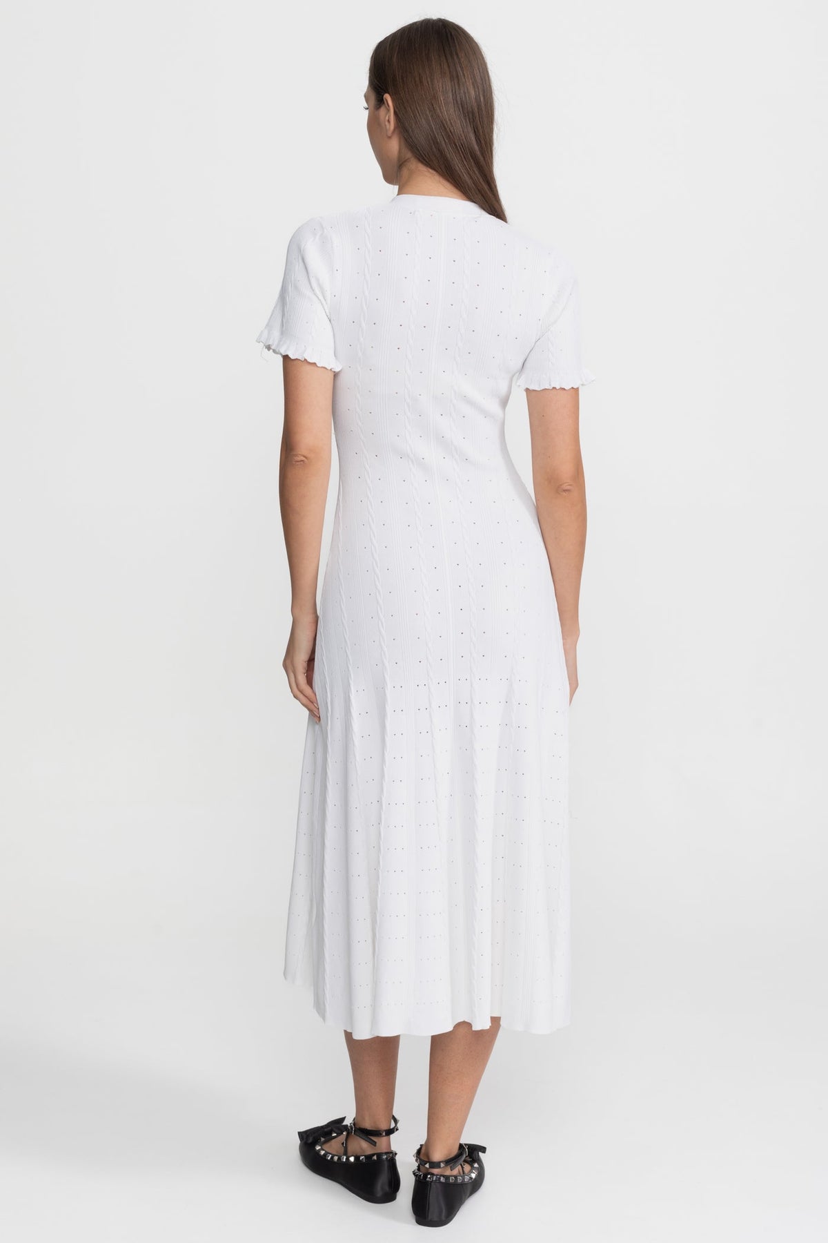 Pointelle Knit Button Front Short Sleeve Ruffle Cuff A-Line Midi Dress 8