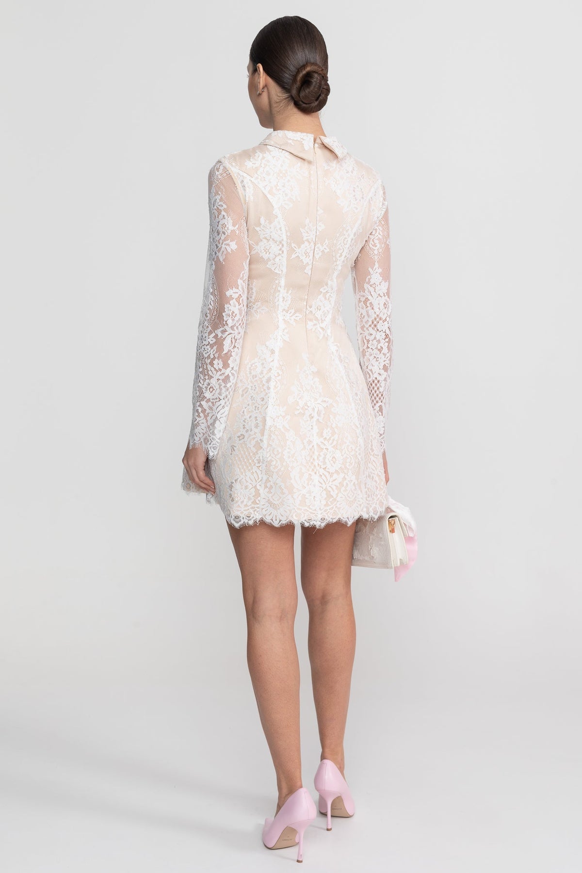 Collared Sheer Long Sleeve Lace Structured Waist Mini Dress 7