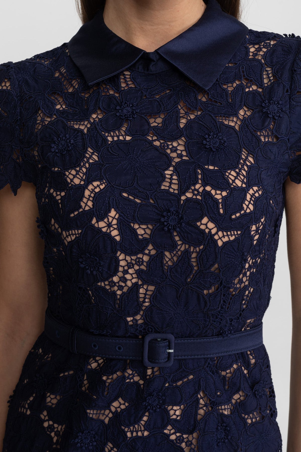 Floral Lace Satin Collar Short Sleeve Belted Flared Hem Midi Dress 7