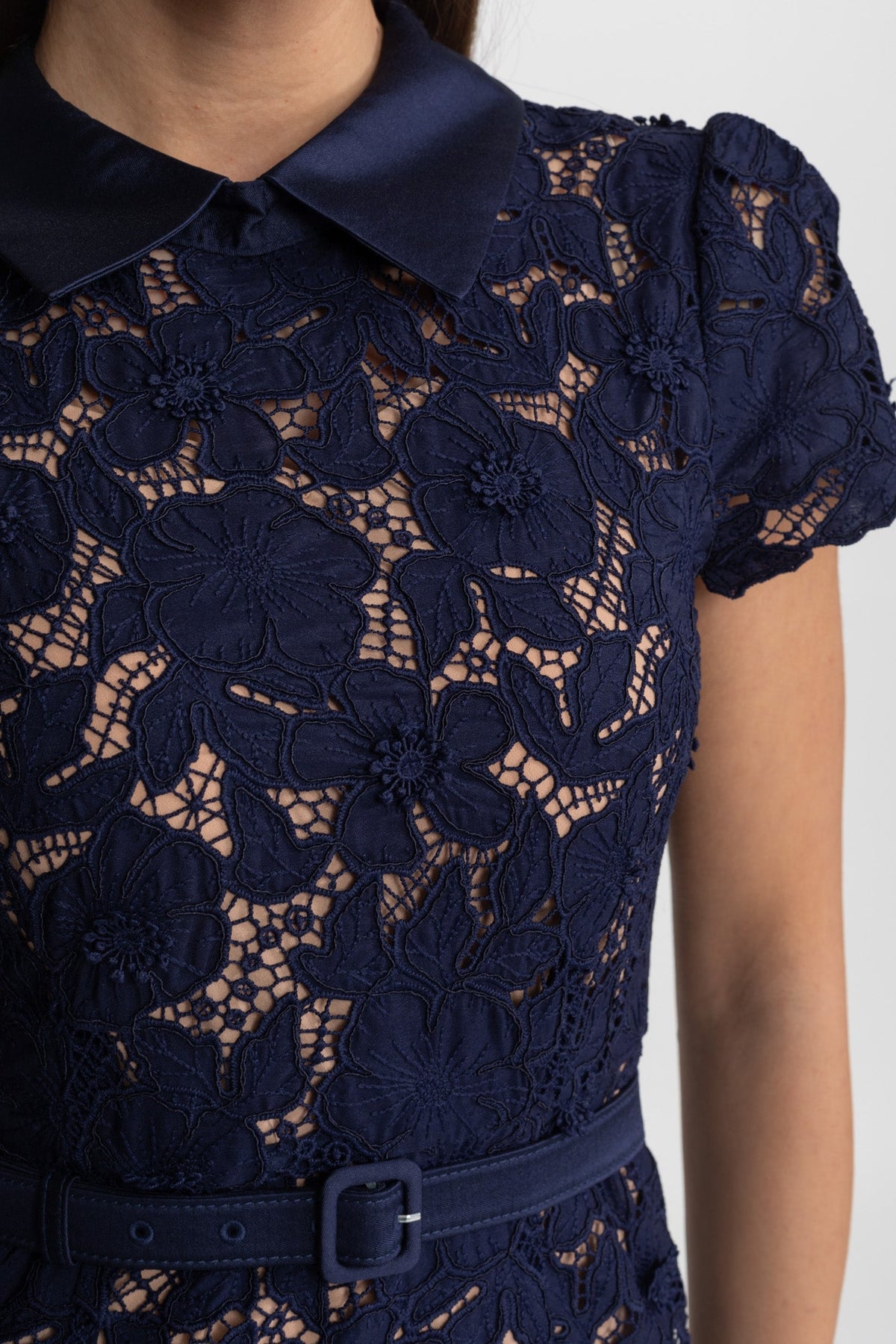 Floral Lace Satin Collar Short Sleeve Belted Flared Hem Midi Dress 8