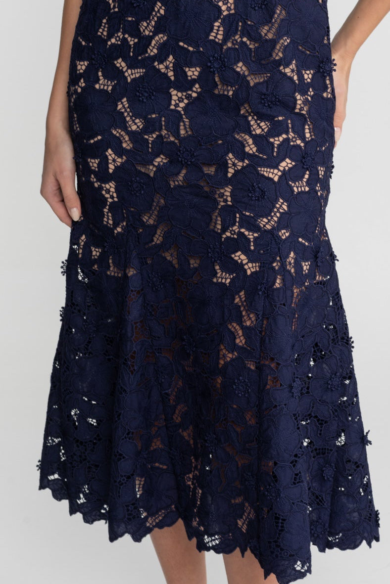 Floral Lace Satin Collar Short Sleeve Belted Flared Hem Midi Dress 9
