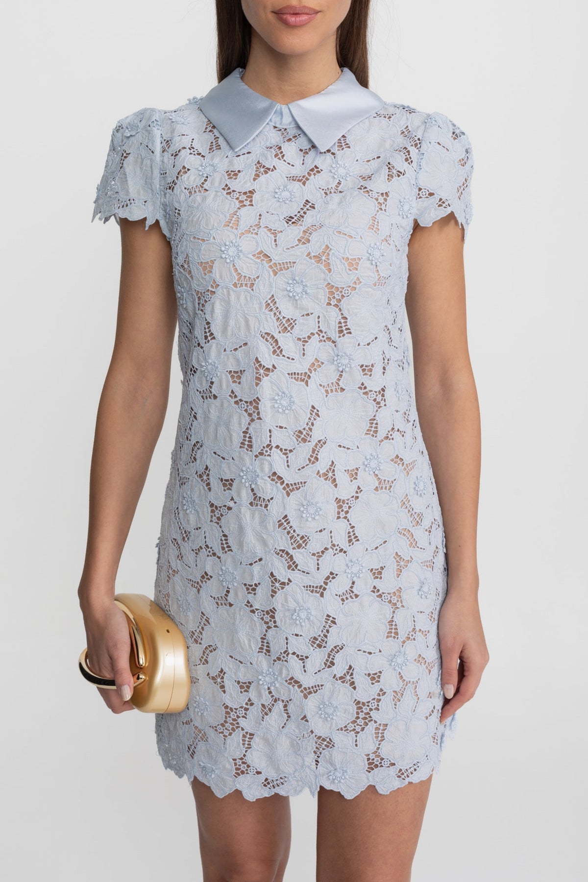 Floral Lace Satin Collar Short Sleeve Scalloped Hem Shift Mini Dress 6