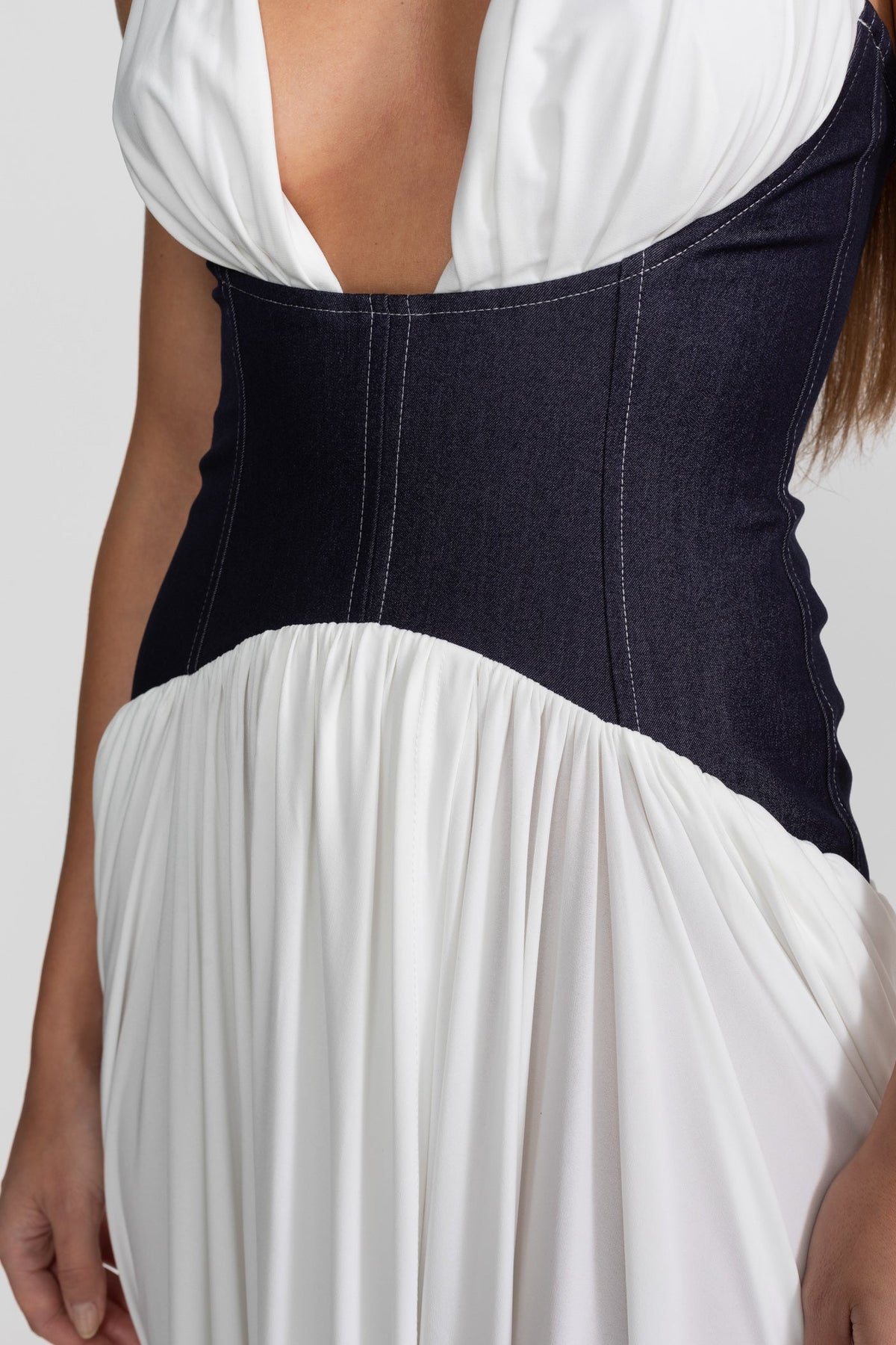 Halter Deep V-Neck Denim Look Corset Waist Draped Maxi Dress 5