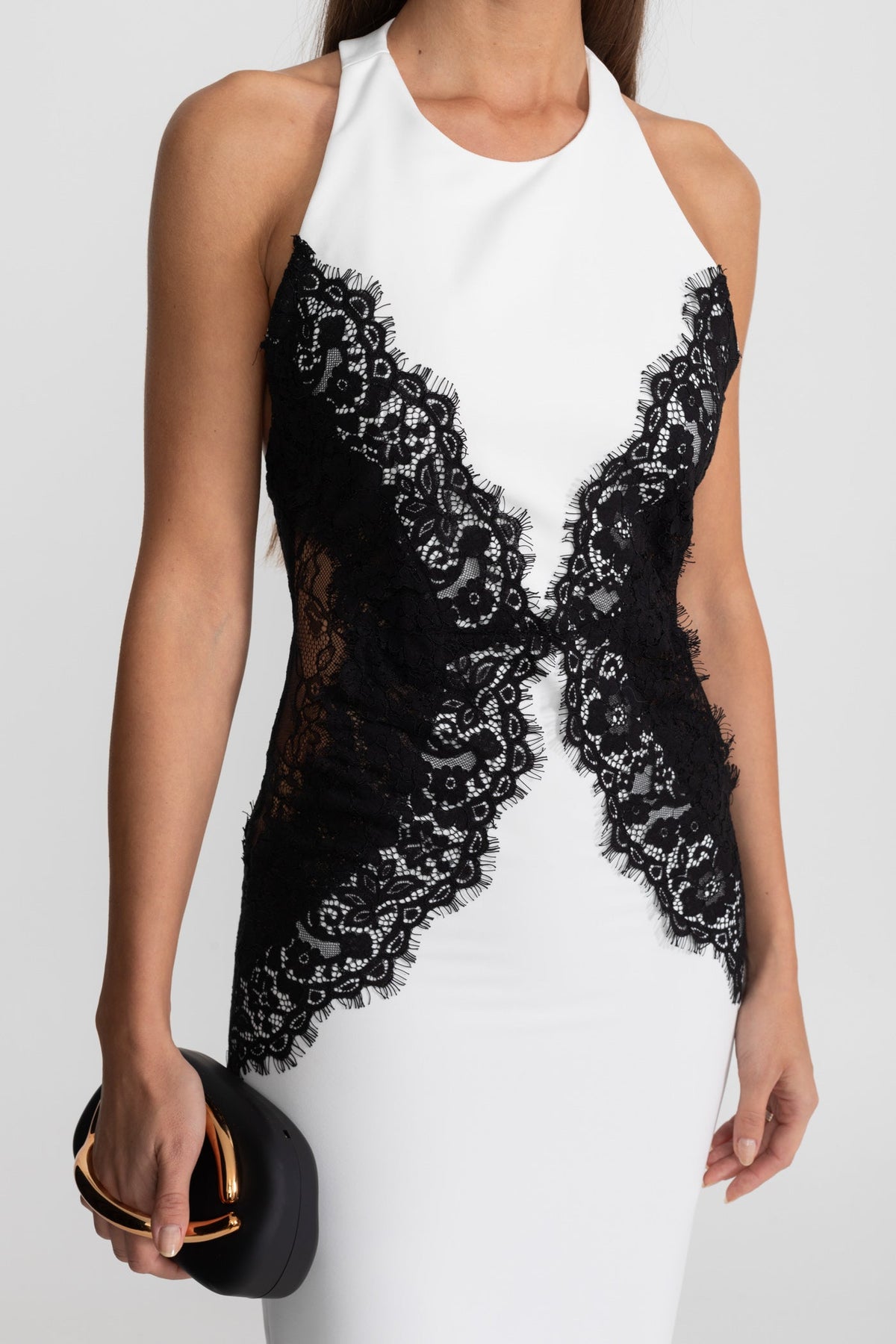 Halter Neck Contrast Lace Panel Sleeveless Column Maxi Dress 5