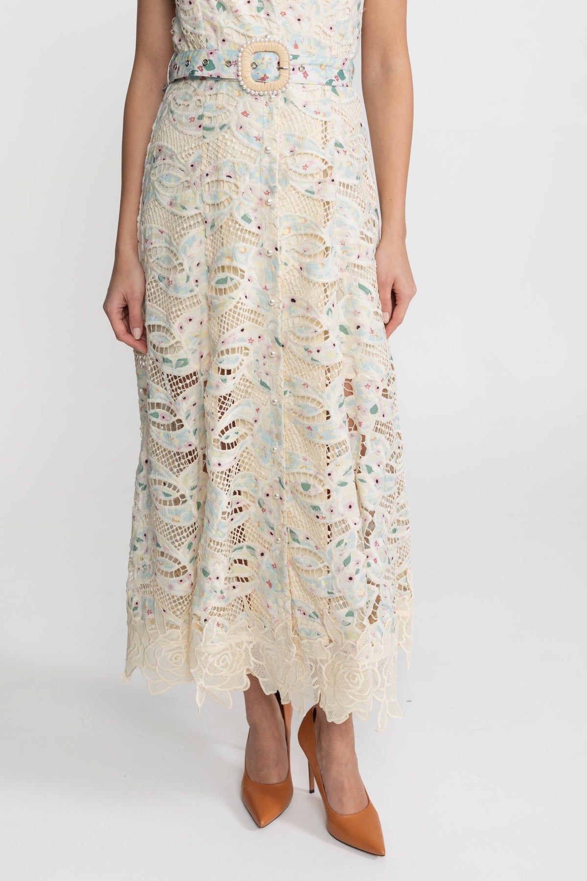 Cut Out Lace Notched Collar Sleeveless Belted Scalloped Hem Midi Dress 8