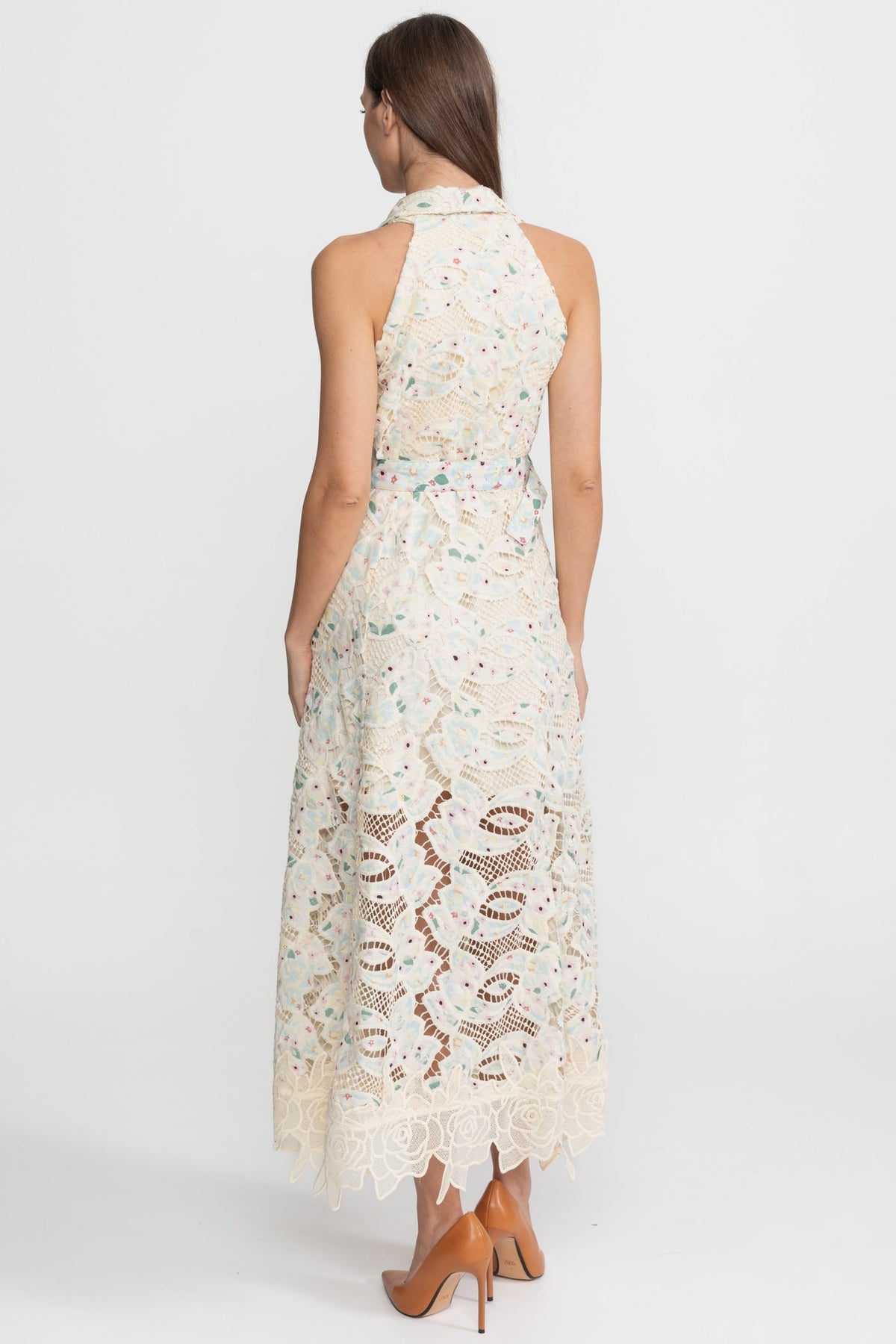 Cut Out Lace Notched Collar Sleeveless Belted Scalloped Hem Midi Dress 9
