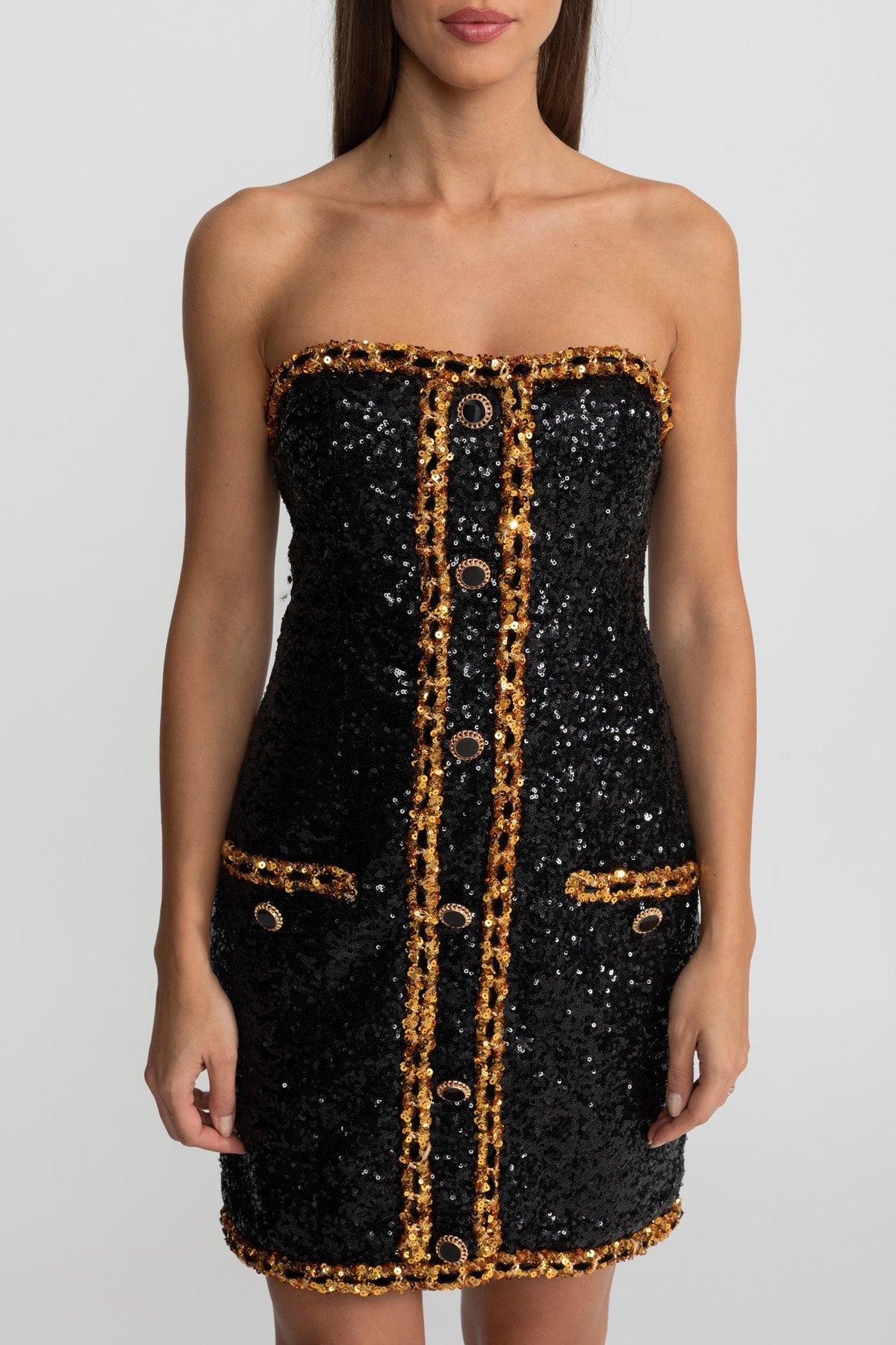 Strapless Sequin Chain Trim Button Front Bodycon Mini Dress 4