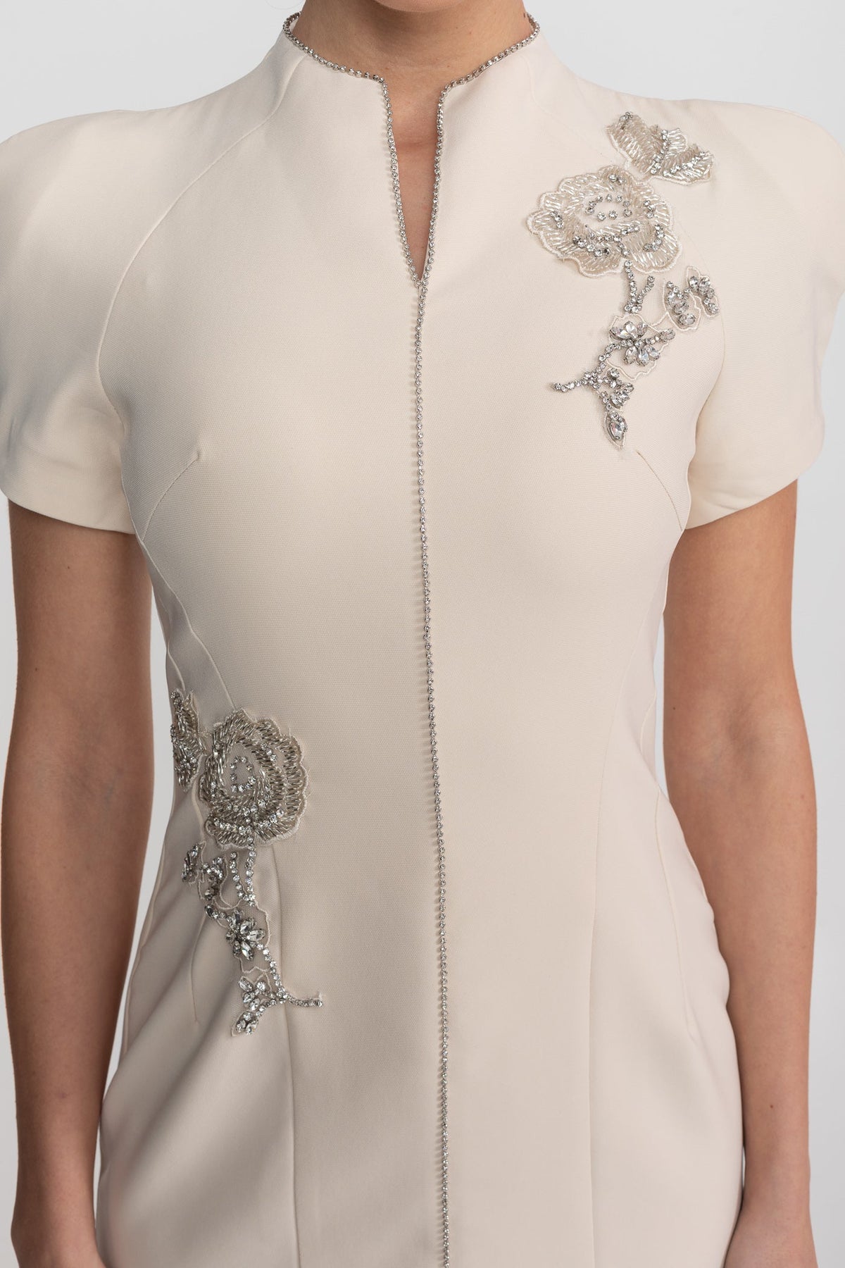 Mandarin Collar Puff Shoulder Short Sleeve Beaded Applique Midi Dress 5