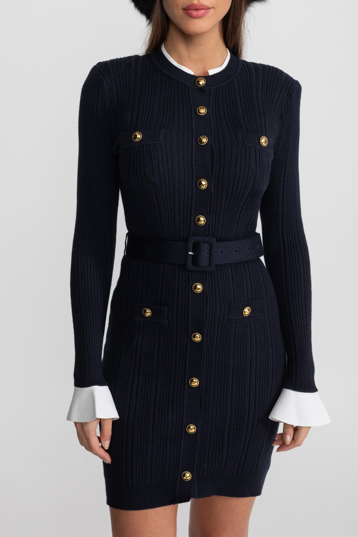 Ribbed Knit Button Front Belted Long Sleeve Contrast Cuff Bodycon Mini Dress 4