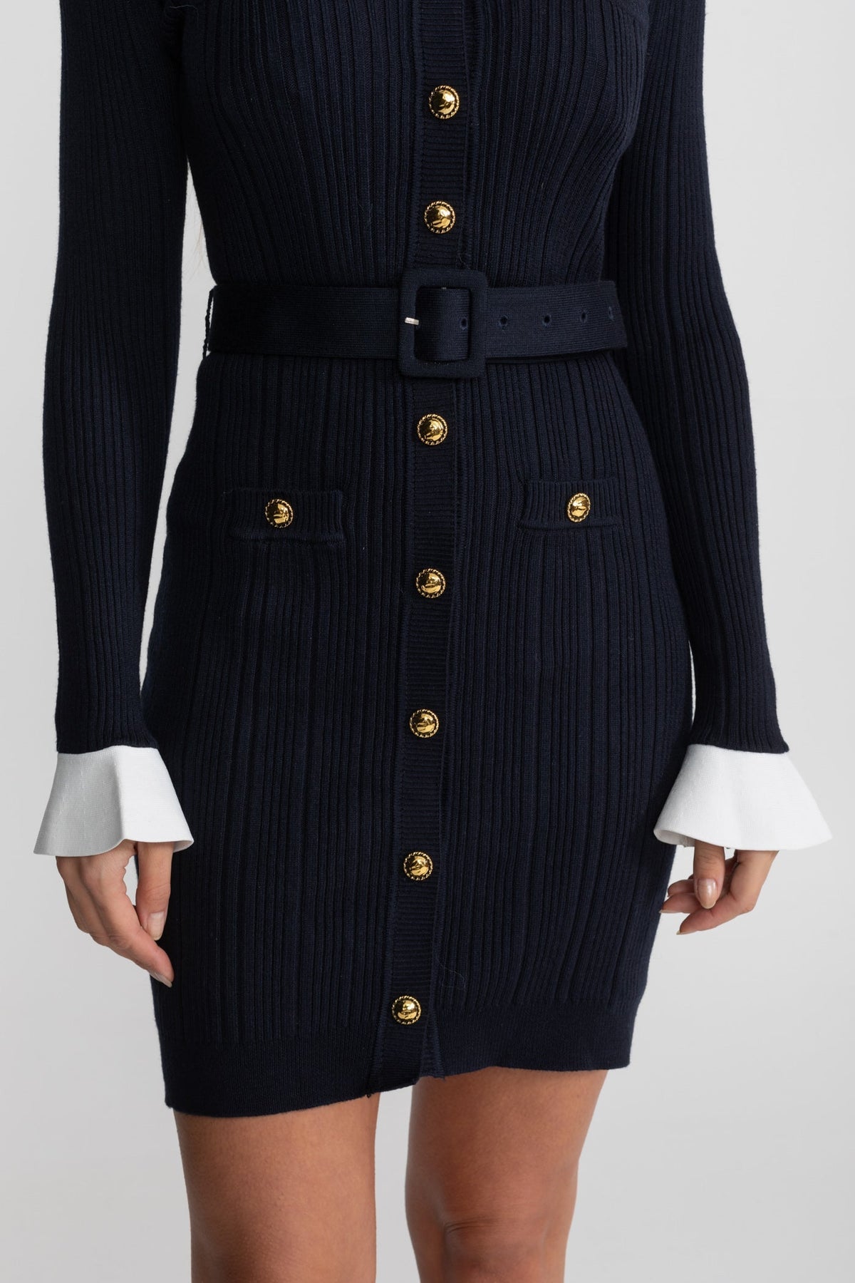 Ribbed Knit Button Front Belted Long Sleeve Contrast Cuff Bodycon Mini Dress 5