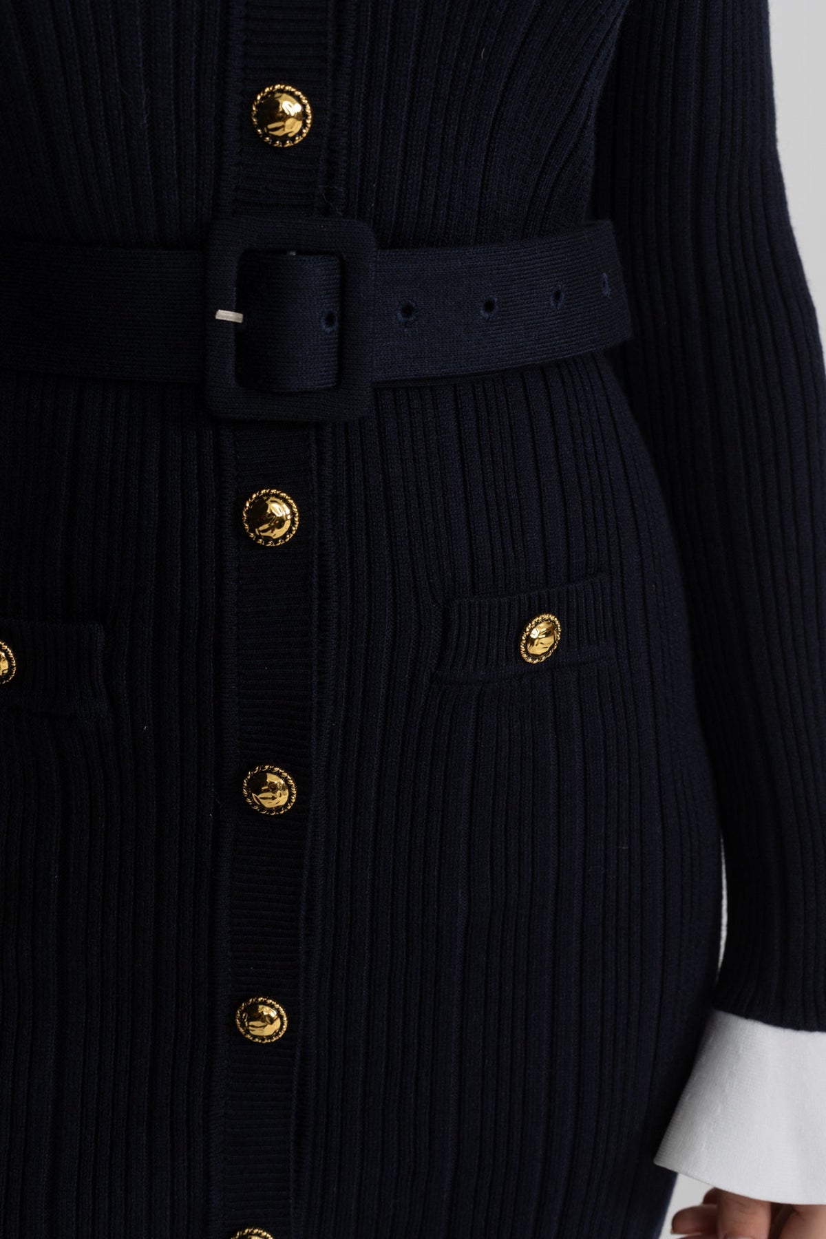 Ribbed Knit Button Front Belted Long Sleeve Contrast Cuff Bodycon Mini Dress 6