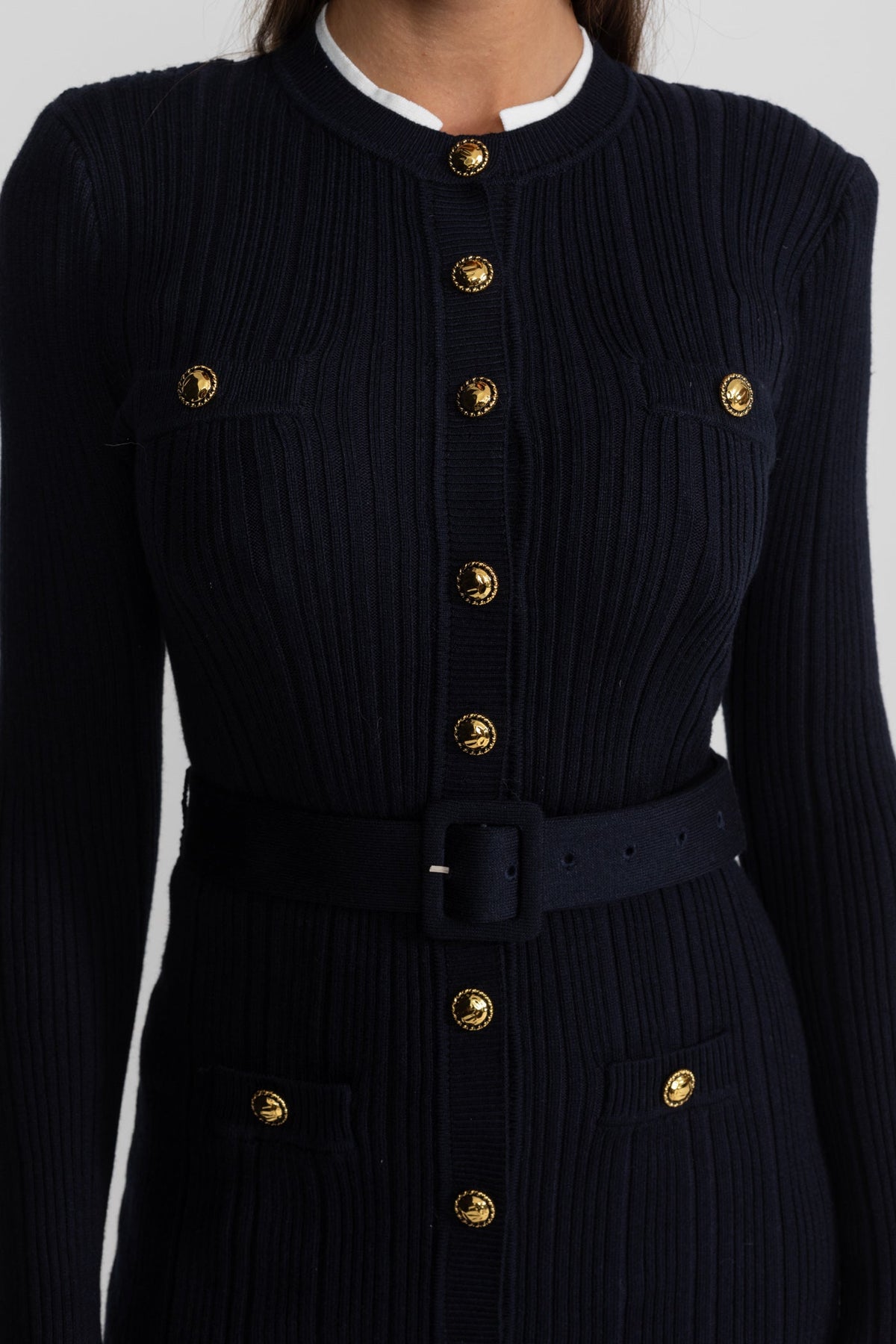 Ribbed Knit Button Front Long Sleeve Contrast Cuff A-Line Midi Dress 5