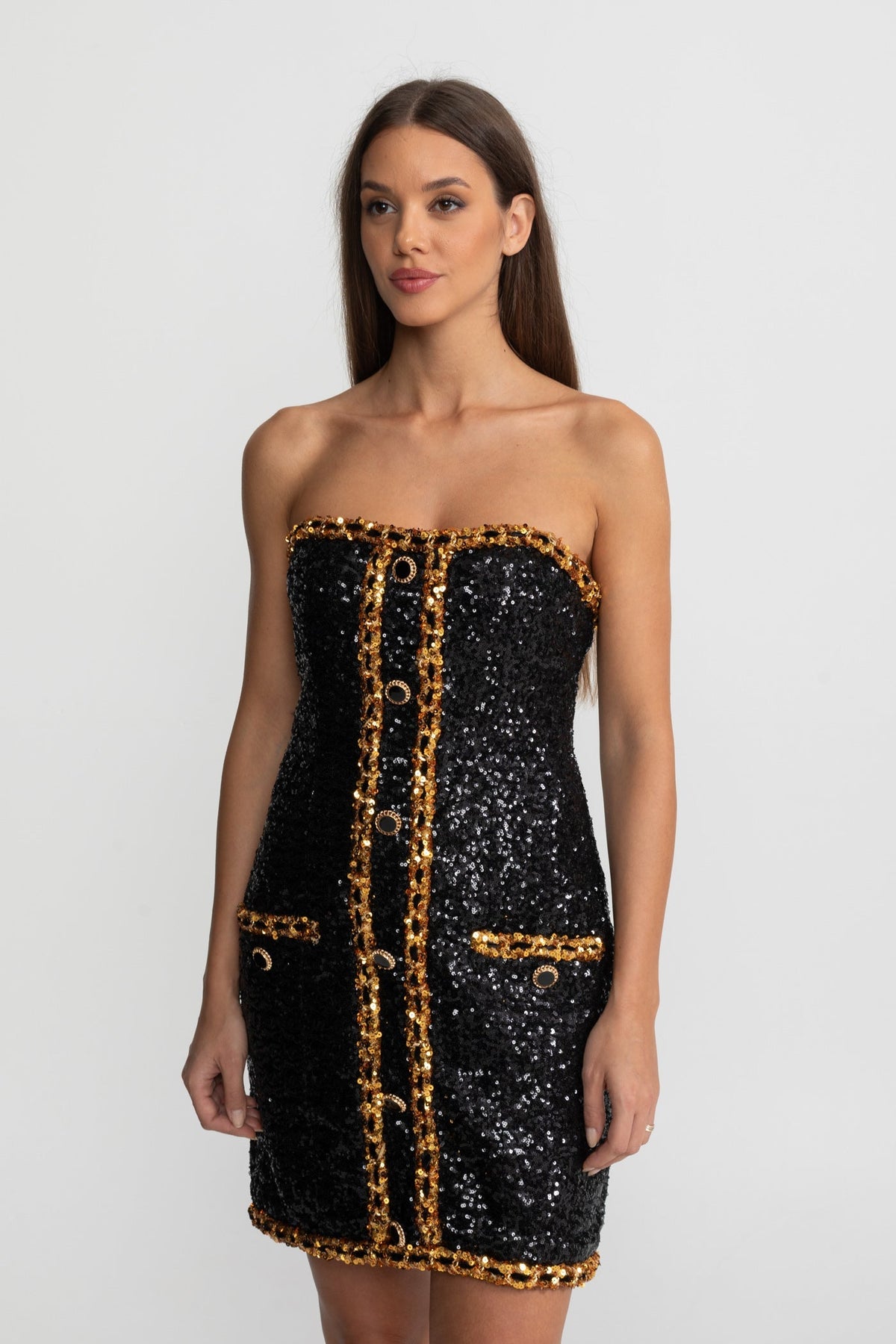 Strapless Sequin Chain Trim Button Front Bodycon Mini Dress 6