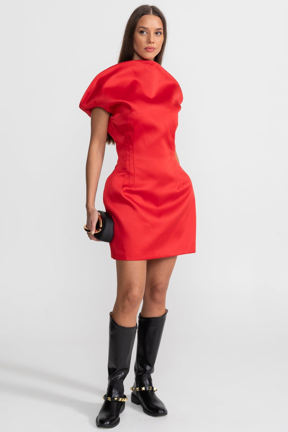 Satin Sculptural Shoulder Boat Neck Structured Hip Mini Dress 2