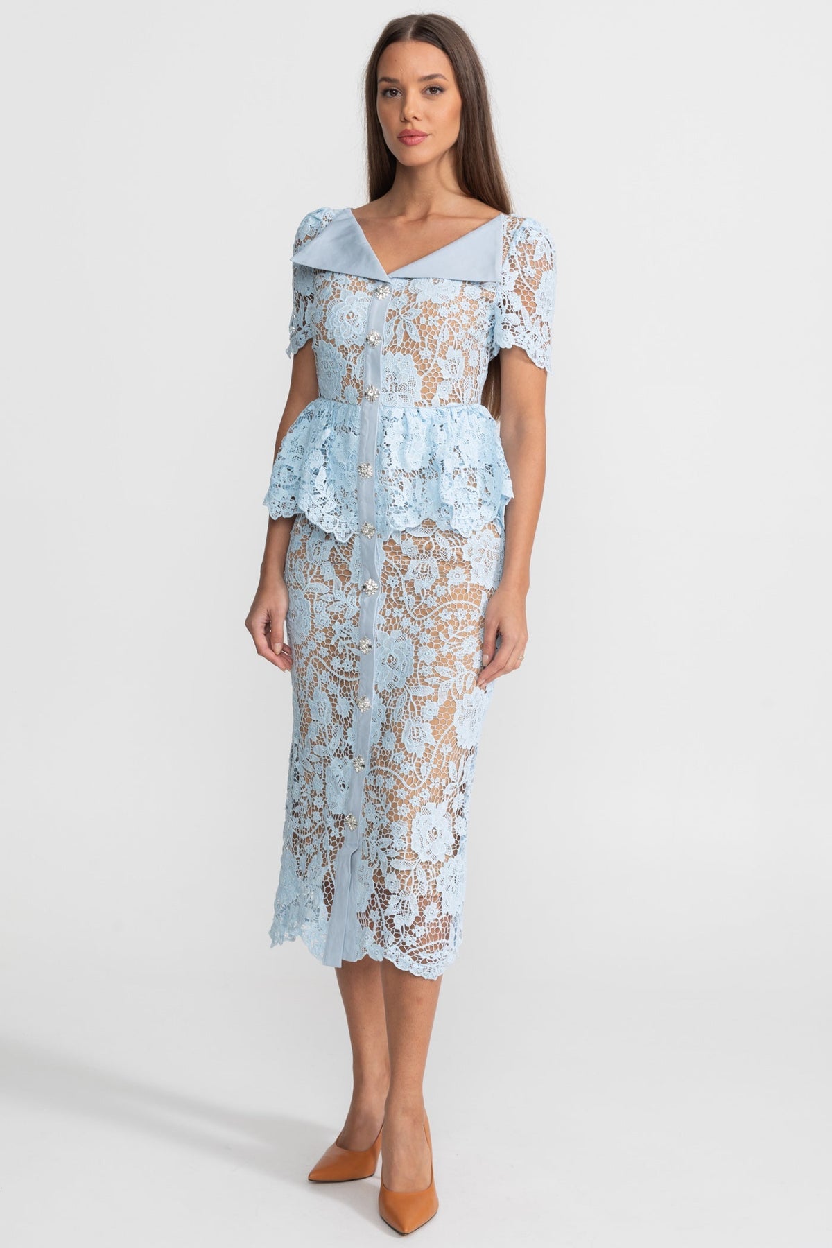 Floral Lace V-Neck Satin Collar Short Sleeve Peplum Button Front Midi Dress 6
