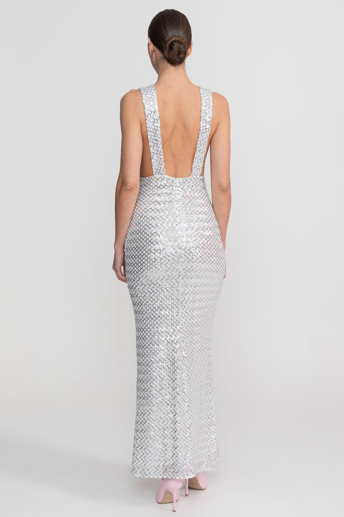 Sequin Deep V-Neck Sleeveless Satin Bow Front Mermaid Maxi Dress 8