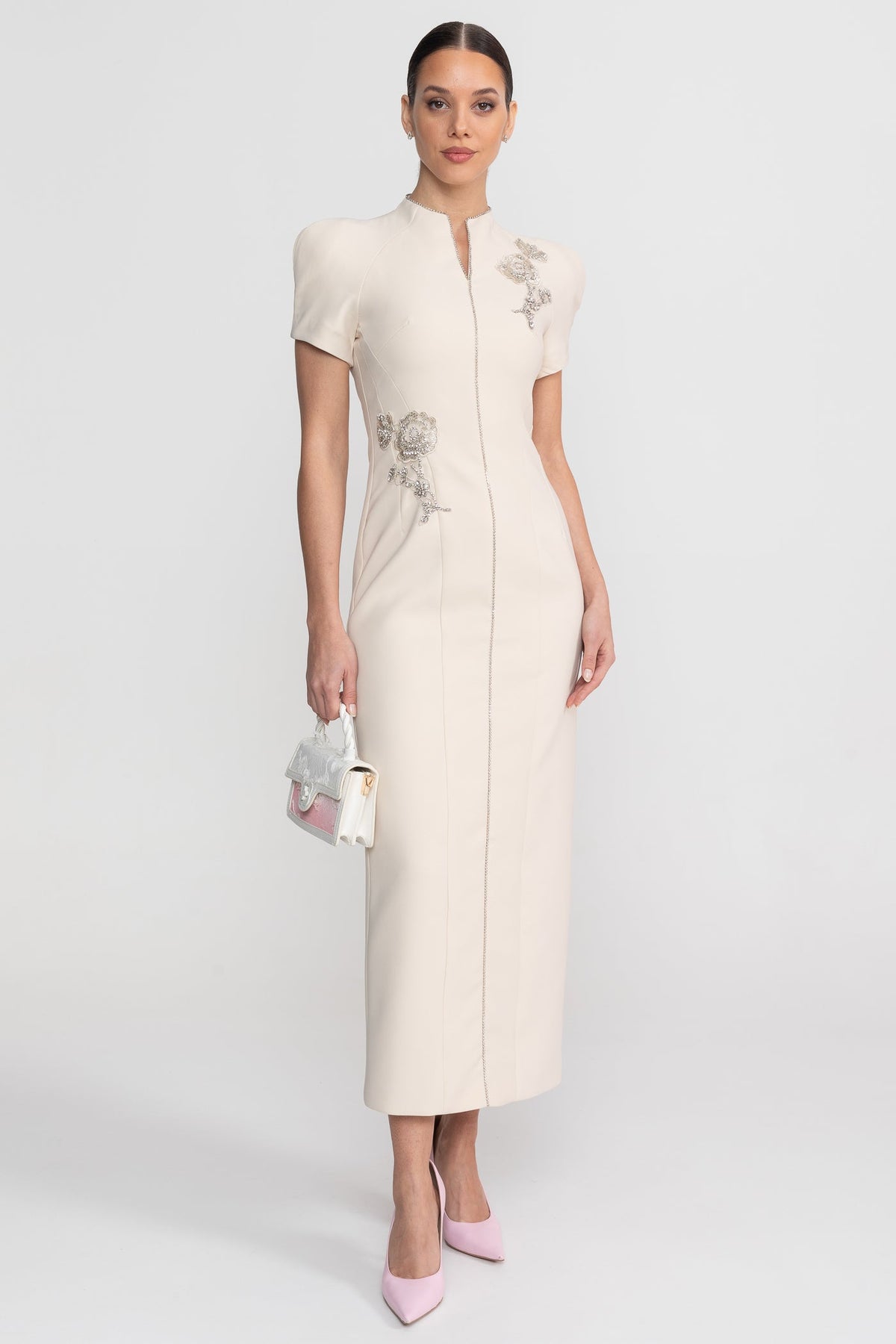 Mandarin Collar Puff Shoulder Short Sleeve Beaded Applique Midi Dress 3