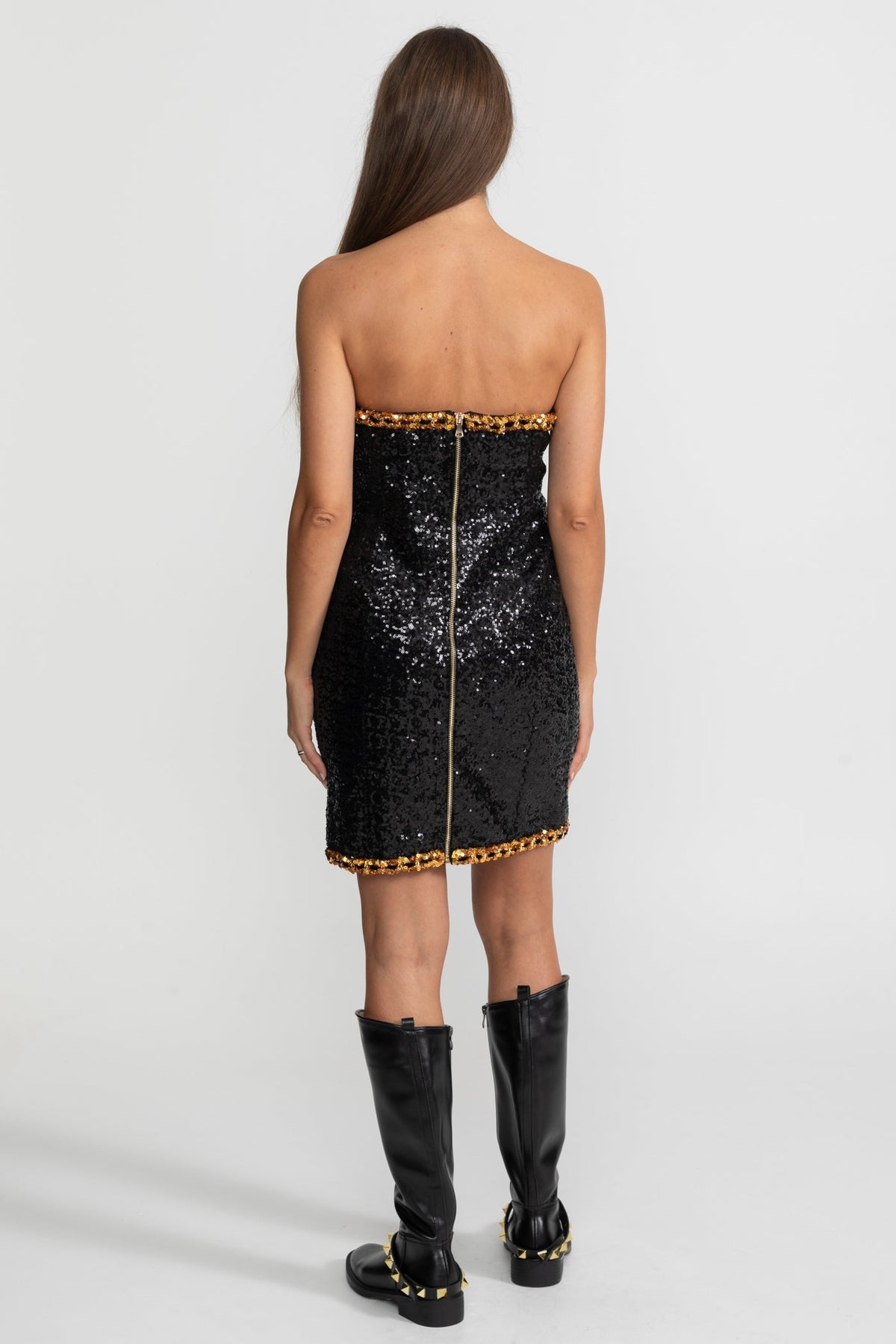 Strapless Sequin Chain Trim Button Front Bodycon Mini Dress 7