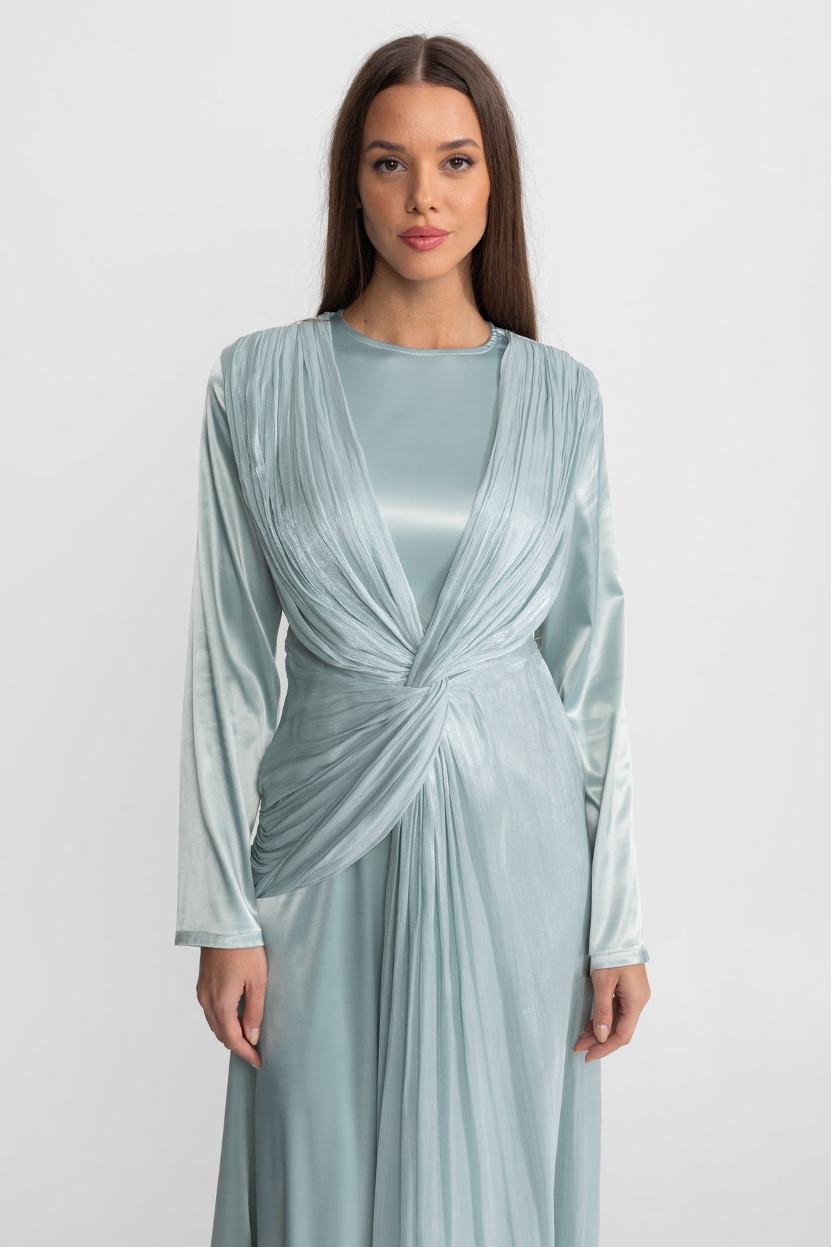 Satin Long Sleeve Twist Front Draped Overlay Maxi Dress 3