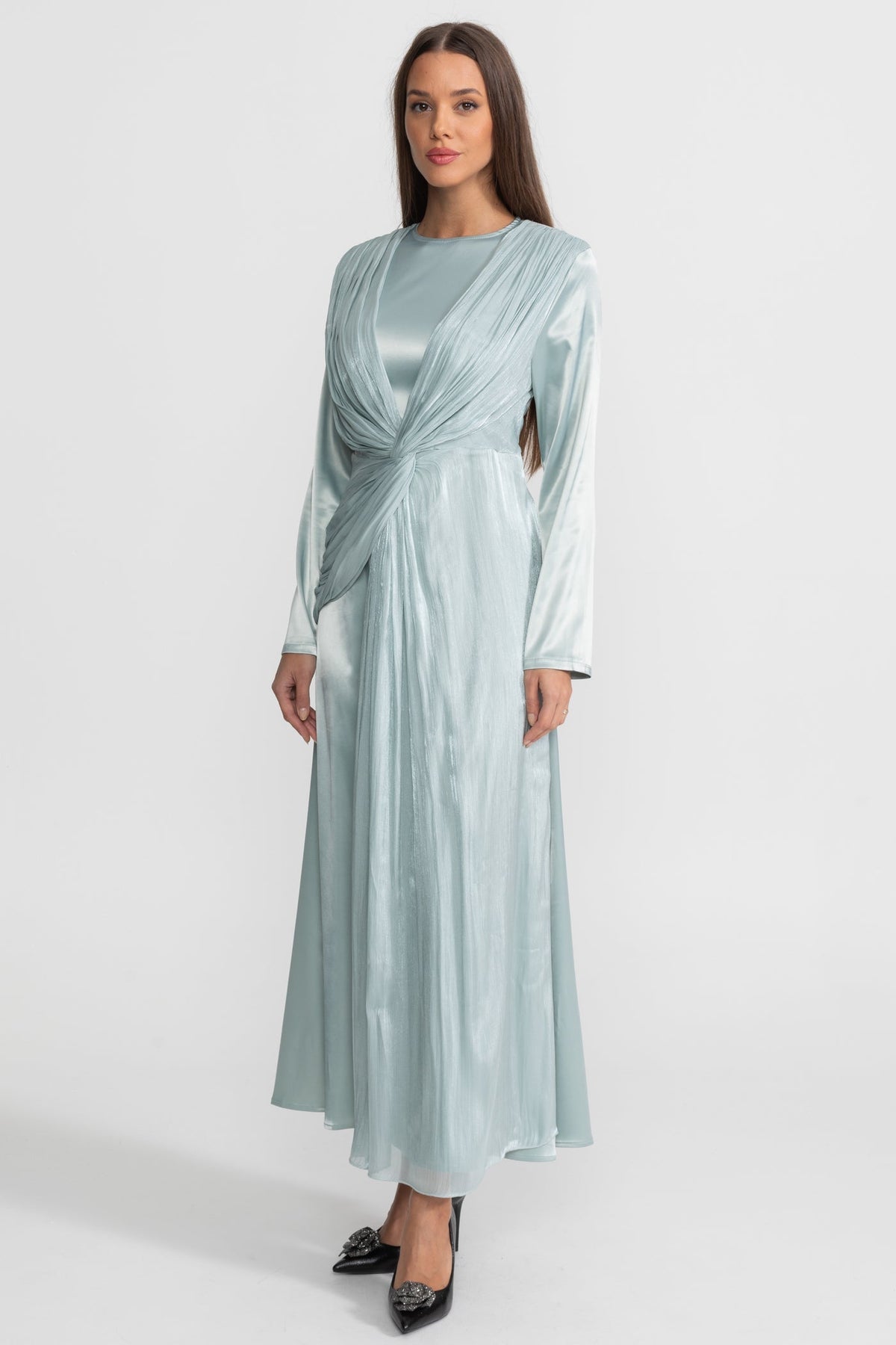 Satin Long Sleeve Twist Front Draped Overlay Maxi Dress 4
