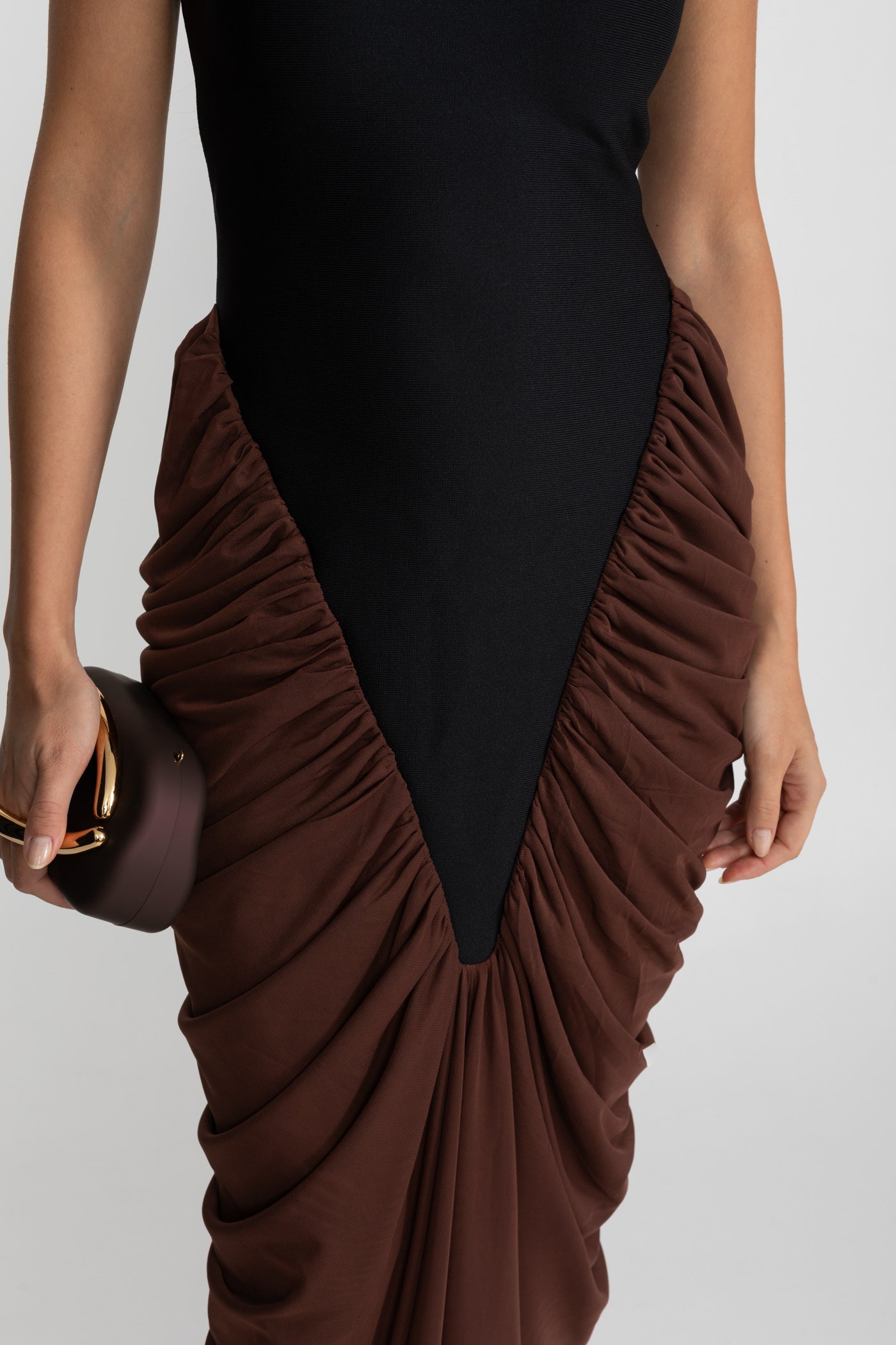 Halter Maxi Dress with  Contrasting Ruched Paneling - Black/Brown