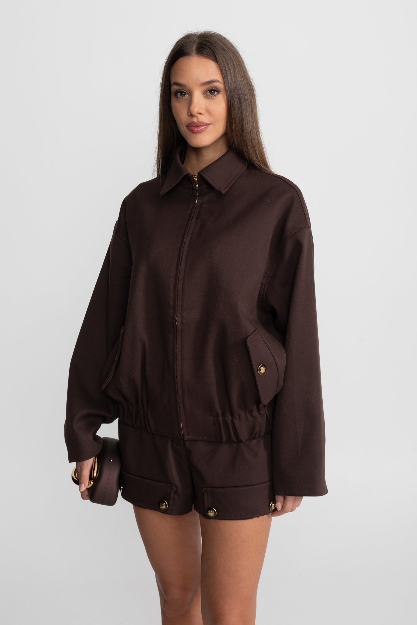 Co-Ord Set With Zip-Up Utility Jacket And Matching Shorts - Brown