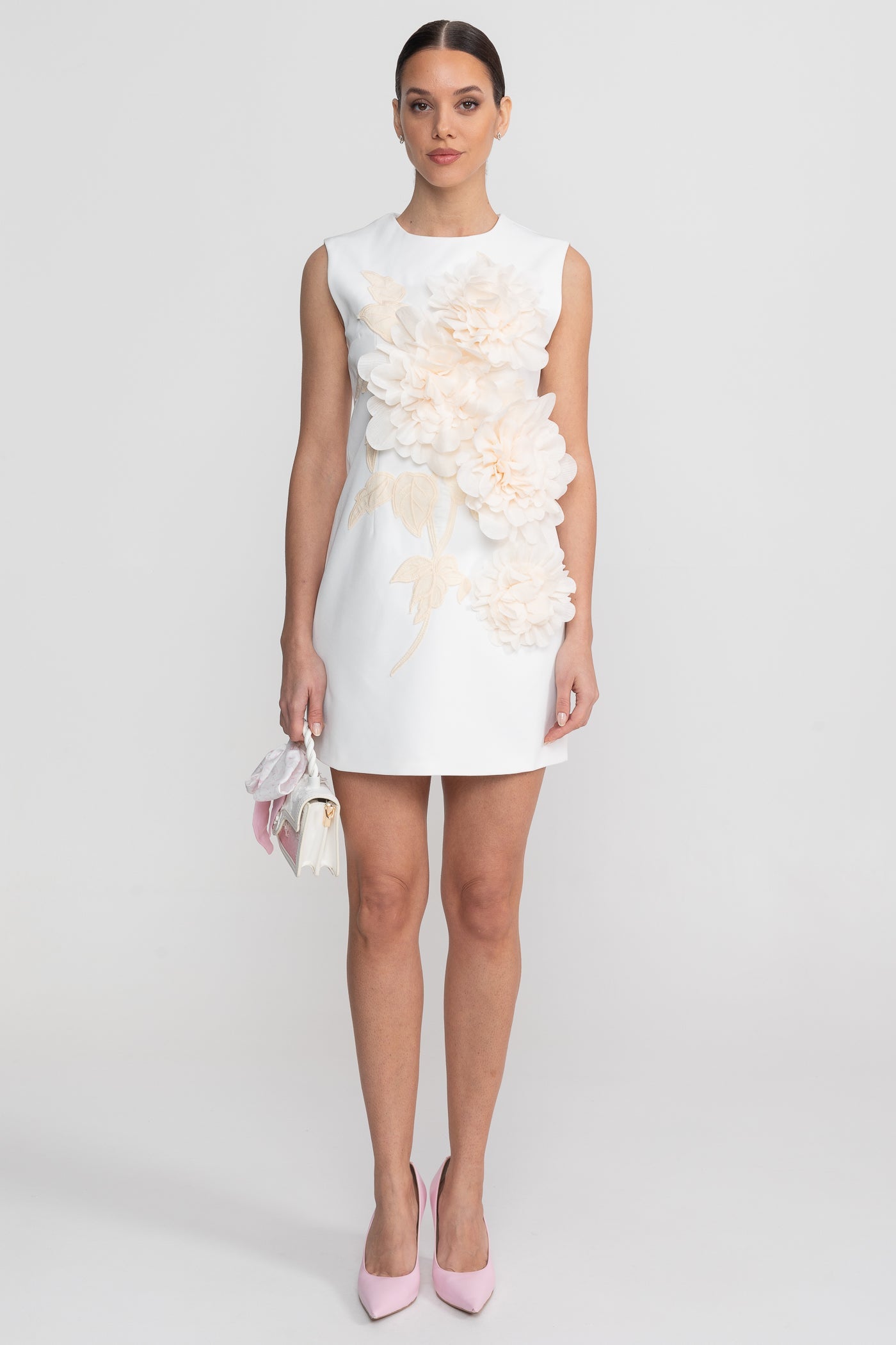 Sleeveless Mini Dress With Round Neckline And 3D Floral Appliqué - White