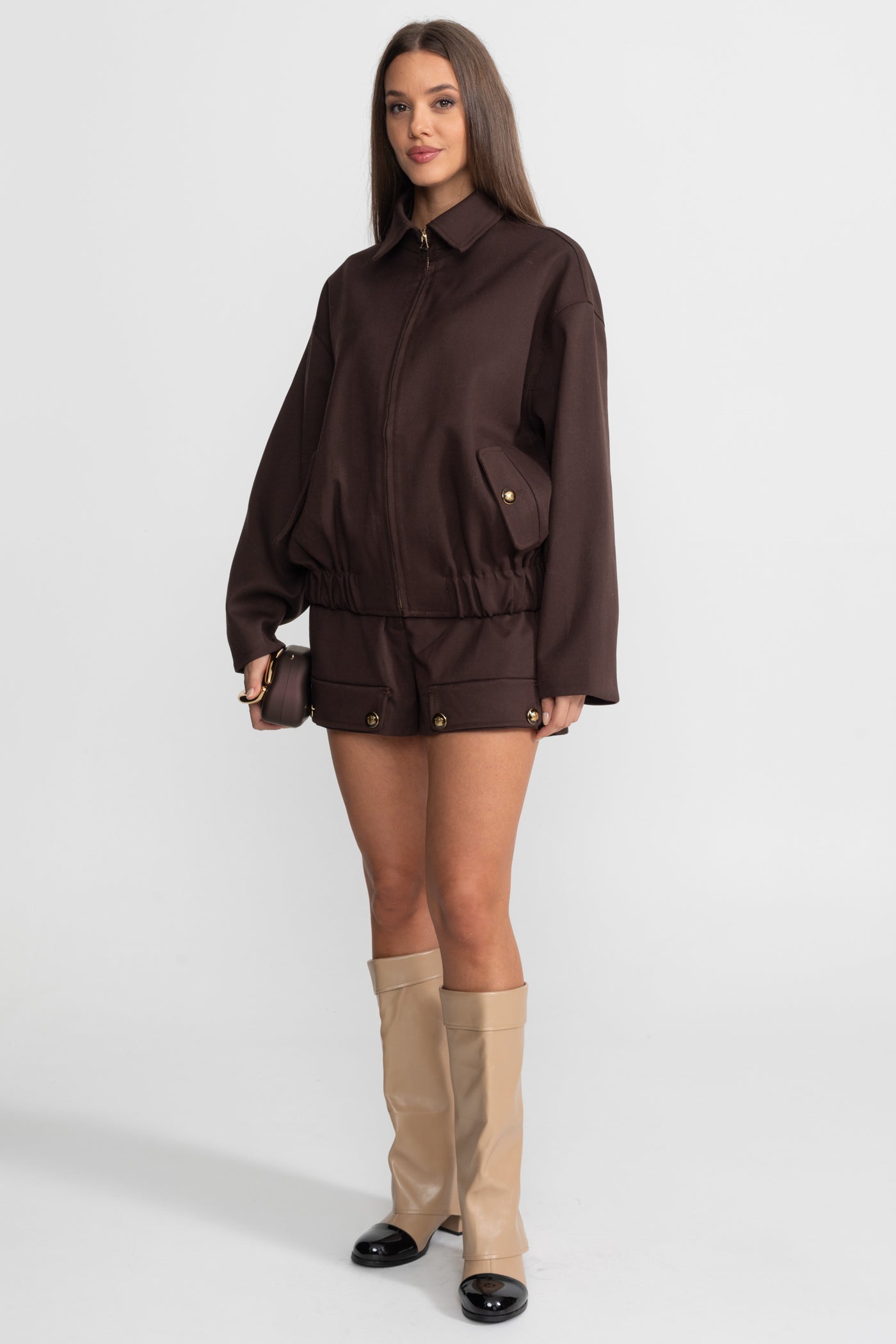 Co-Ord Set With Zip-Up Utility Jacket And Matching Shorts - Brown