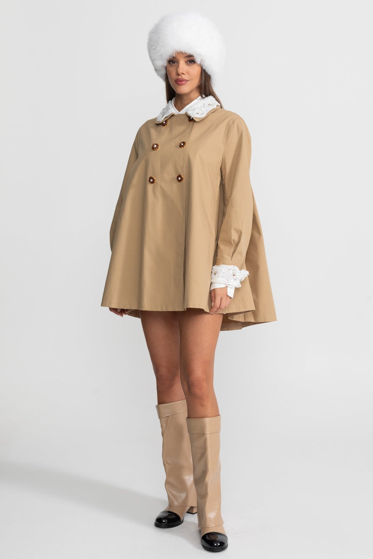 Embellished Collar Double Breasted Long Sleeve Swing Trench Mini Dress