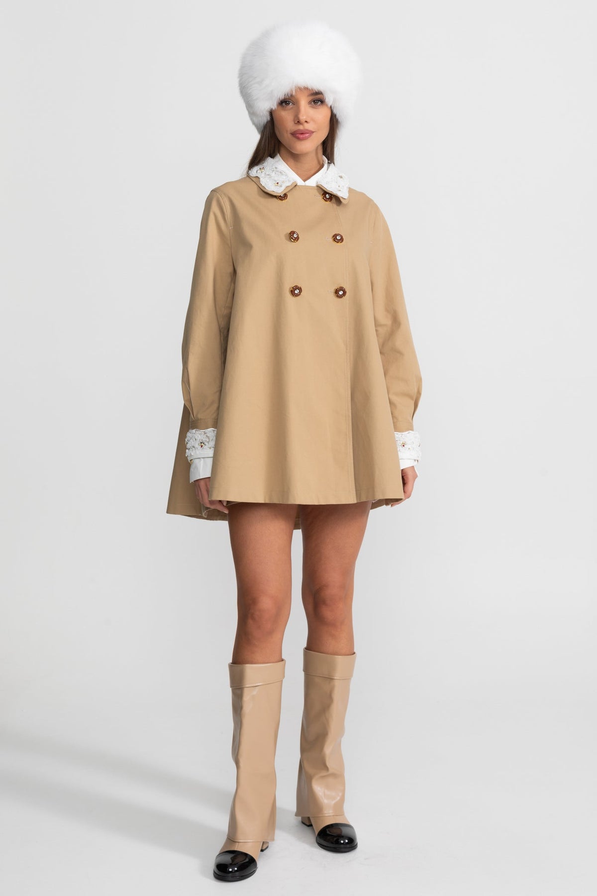 Embellished Collar Double Breasted Long Sleeve Swing Trench Mini Dress 2