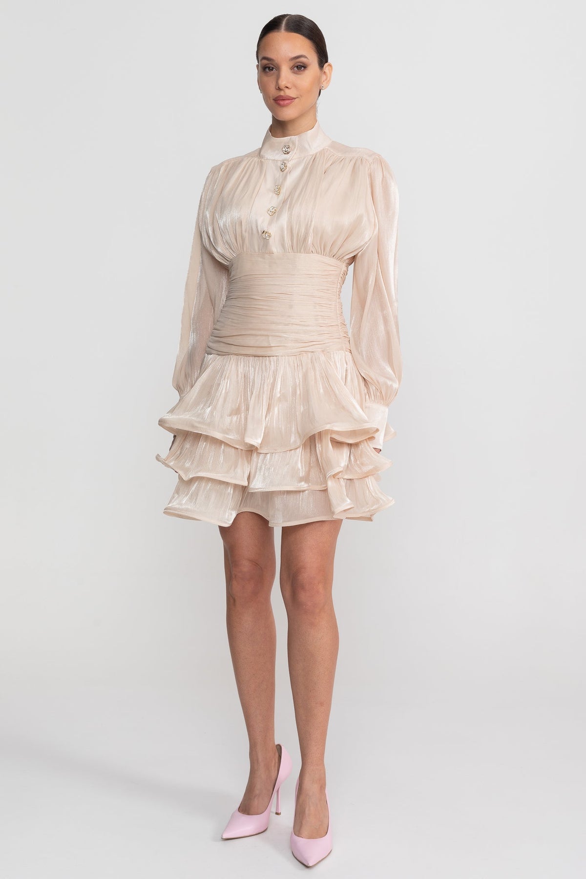 High Neck Balloon Sleeve Ruched Waist Tiered Ruffle Mini Dress 10