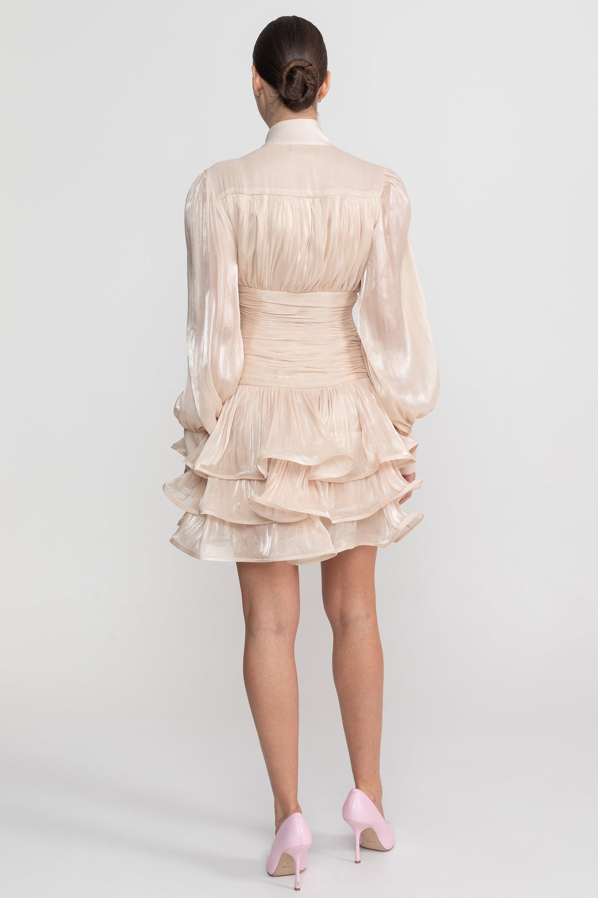 High Neck Balloon Sleeve Ruched Waist Tiered Ruffle Mini Dress 11