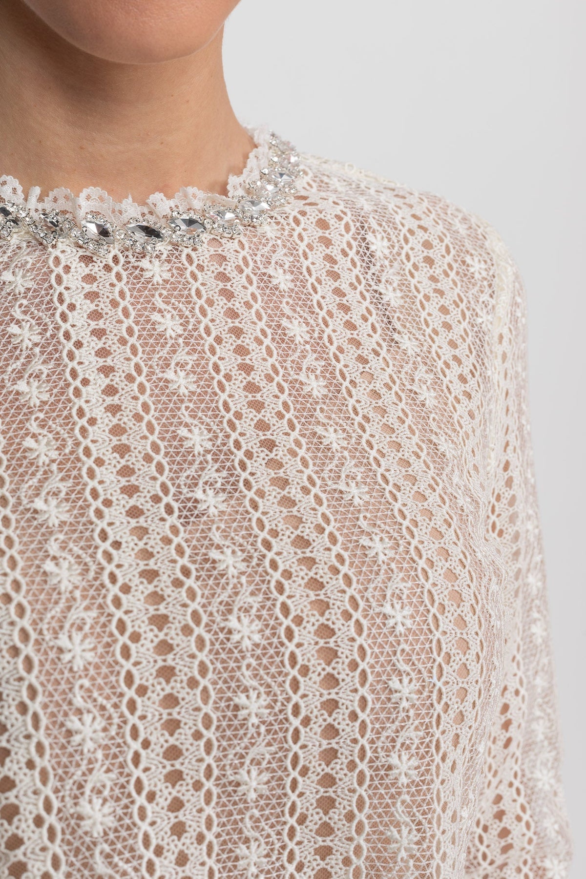 Crochet Lace High Neck Long Sleeve Pleated Scalloped Hem Mini Dress 6