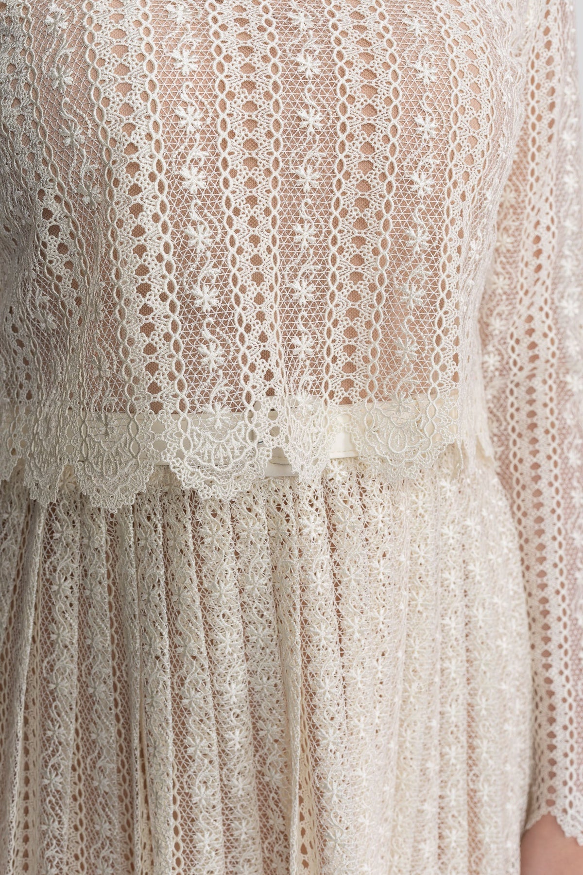 Crochet Lace High Neck Long Sleeve Pleated Scalloped Hem Mini Dress 7