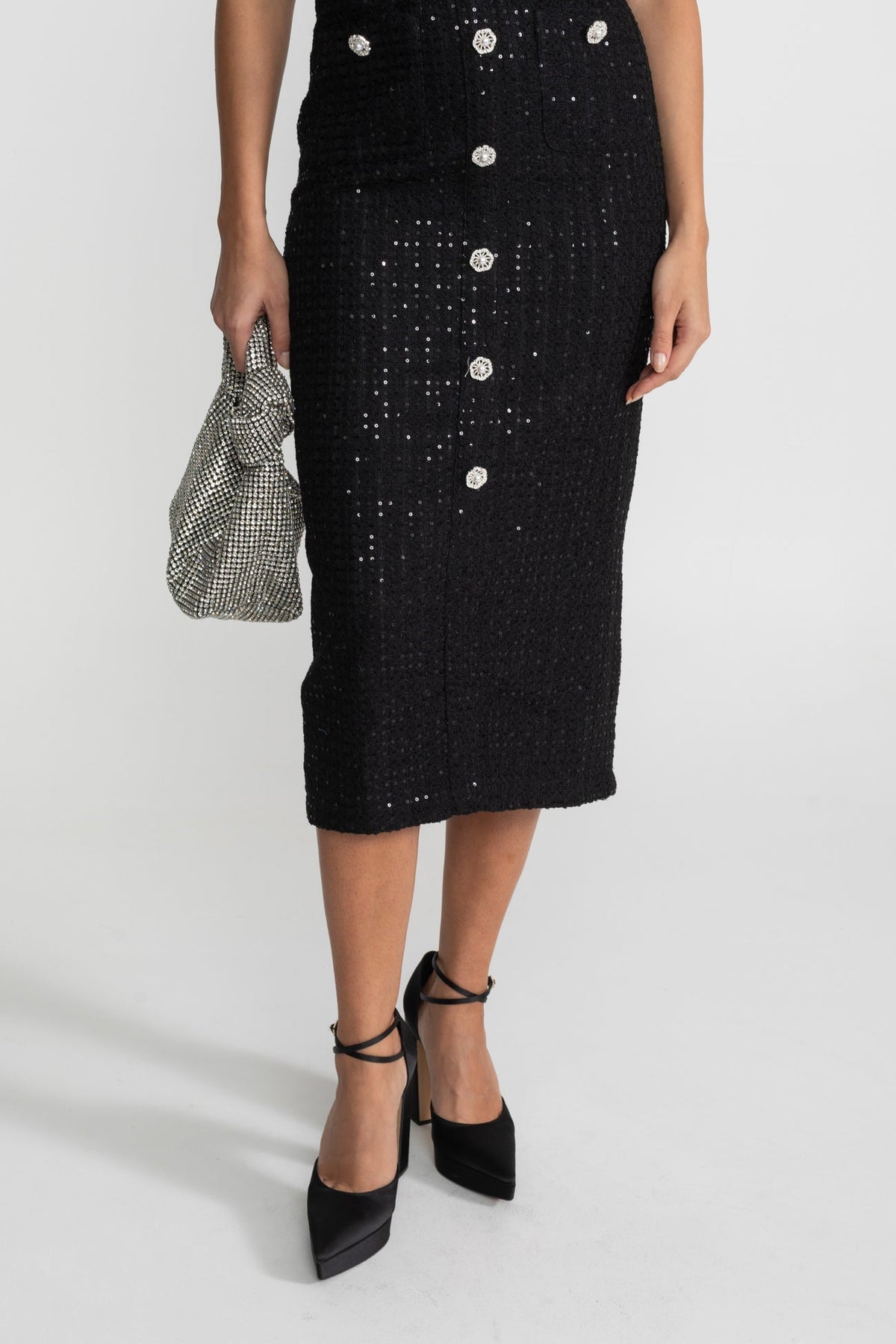 Sequin Tweed Short Sleeve Contrast Trim Button Front Midi Dress 5