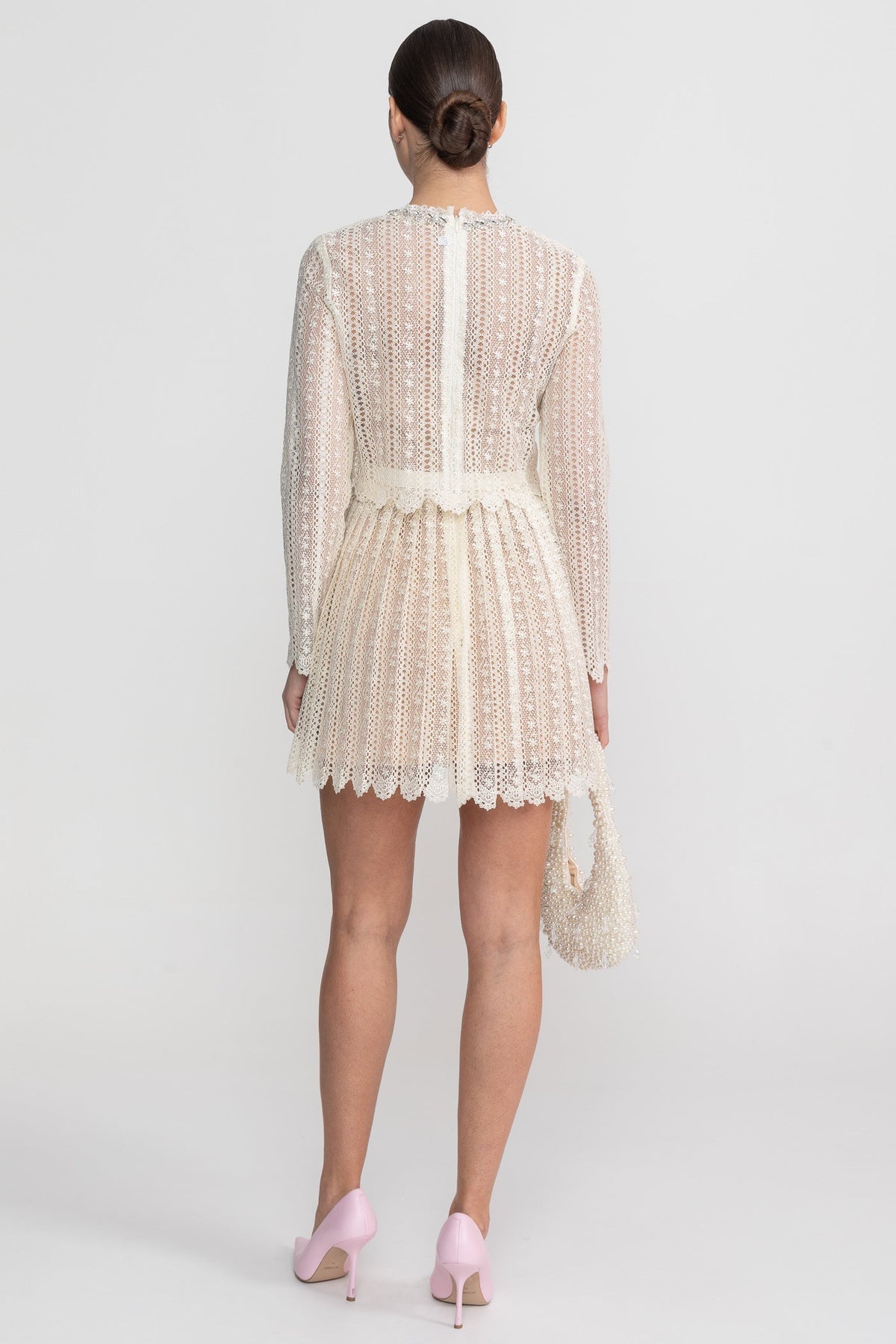 Crochet Lace High Neck Long Sleeve Pleated Scalloped Hem Mini Dress 8