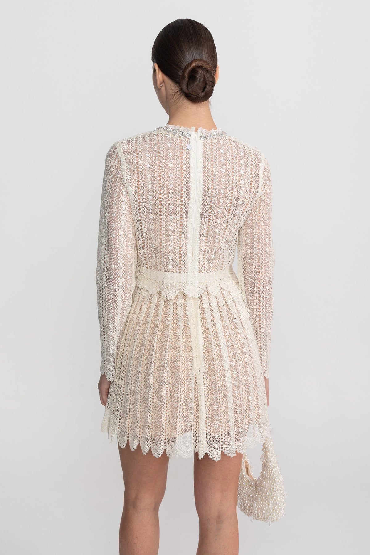 Crochet Lace High Neck Long Sleeve Pleated Scalloped Hem Mini Dress 9