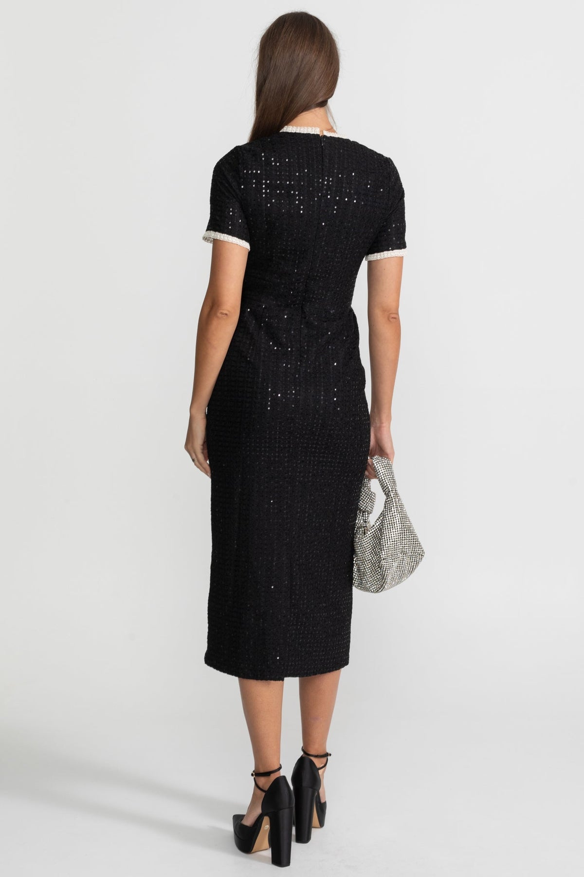 Sequin Tweed Short Sleeve Contrast Trim Button Front Midi Dress 6