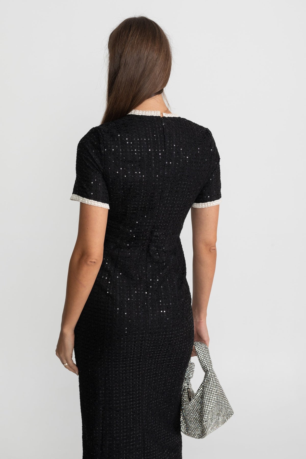 Sequin Tweed Short Sleeve Contrast Trim Button Front Midi Dress 7