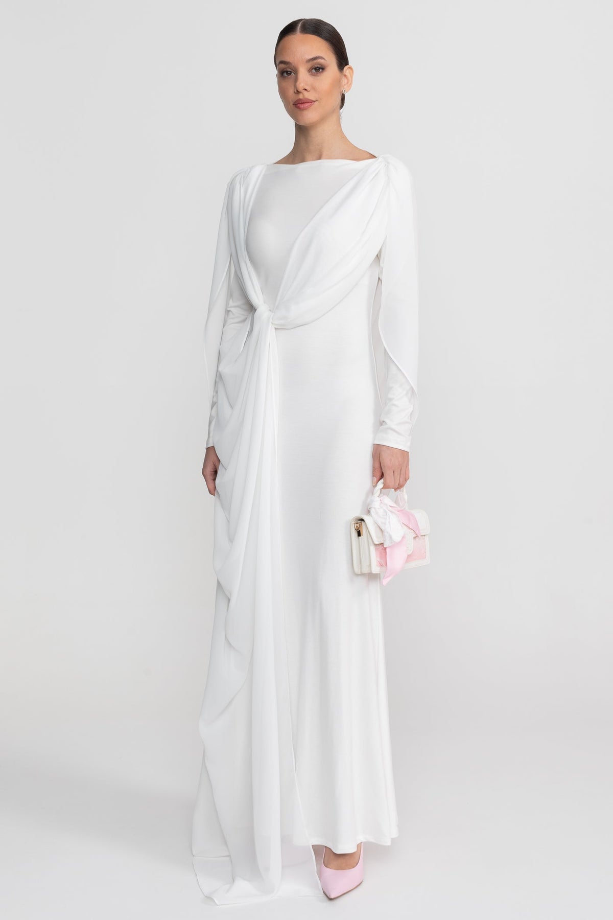 Boat Neck Long Sleeve Draped Knot Front Sash Maxi Dress 8