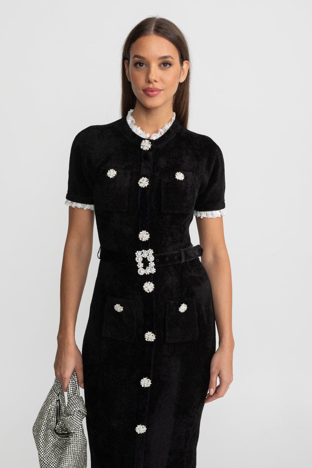 Short Sleeve Belted Jewel Button Front Lace Trim Knit Midi Dress 5