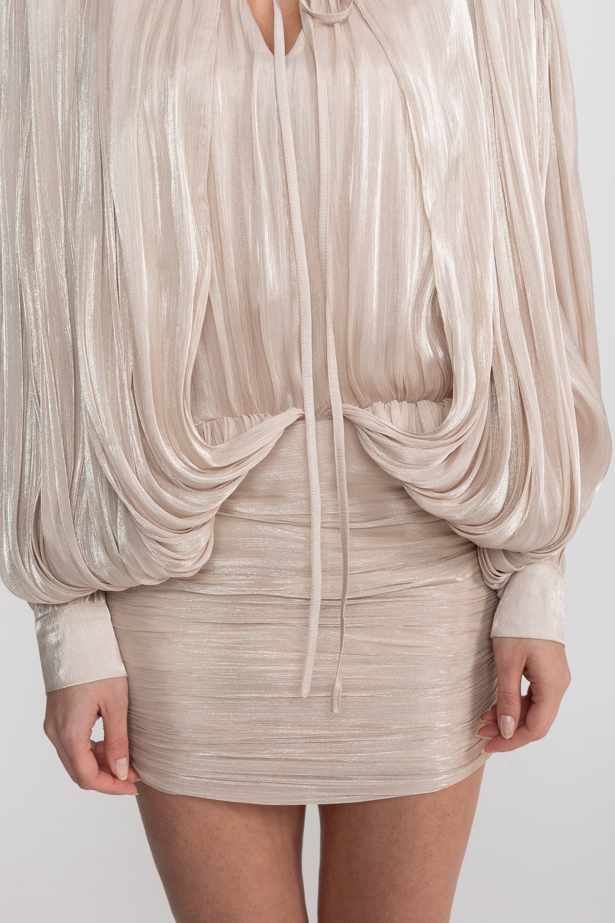 Pleated Tie Neck Batwing Long Sleeve Ruched Mini Dress 6